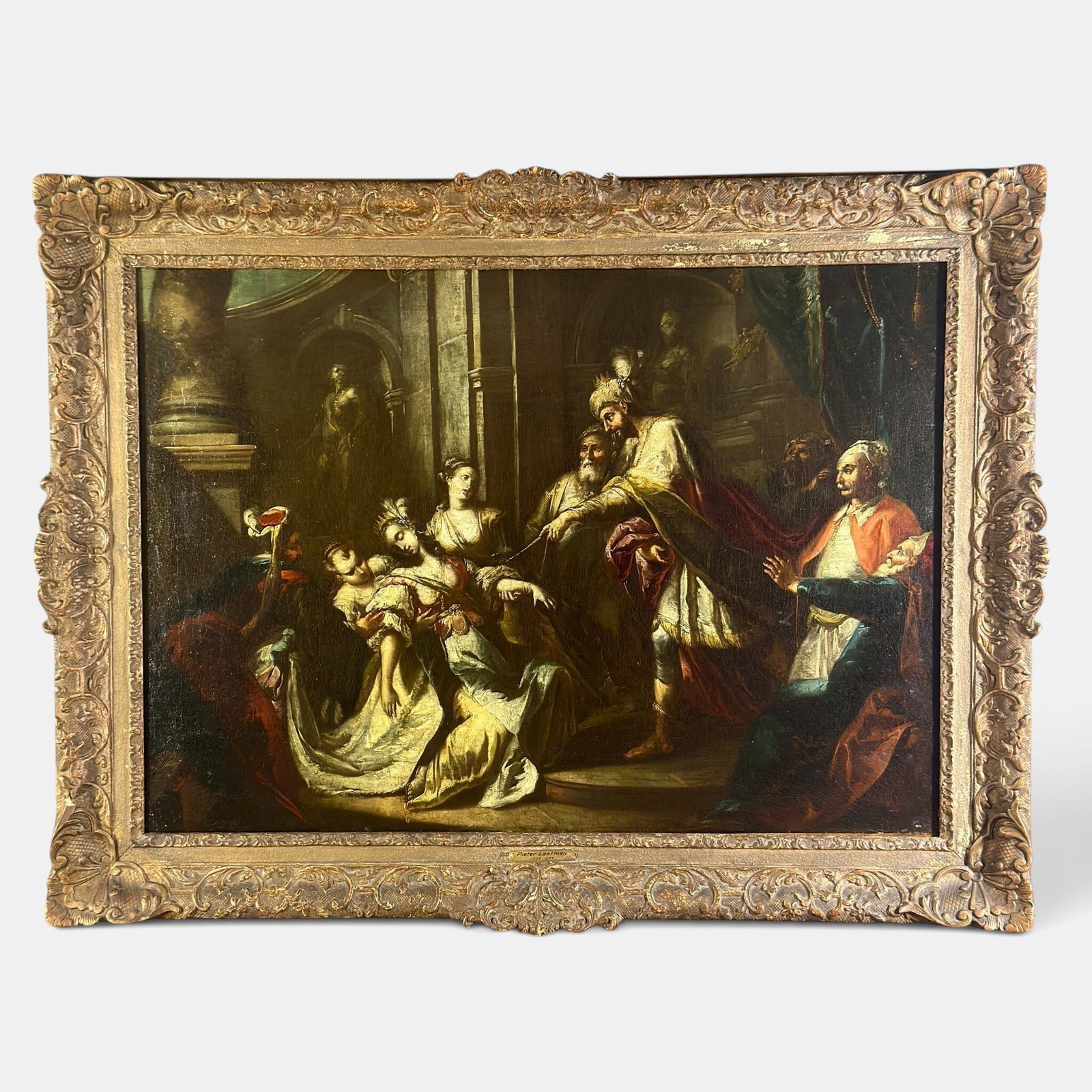 "Queen Esther Before Ahasuerus" Pieter Lastman School: Oil on woven canvas, depicting Queen Esther before Ahasuerus. Housed in 19th century gilt and gesso frame. With plaque attributing work to Pieter Lastman (Dutch, 1583-1633), though this work appears