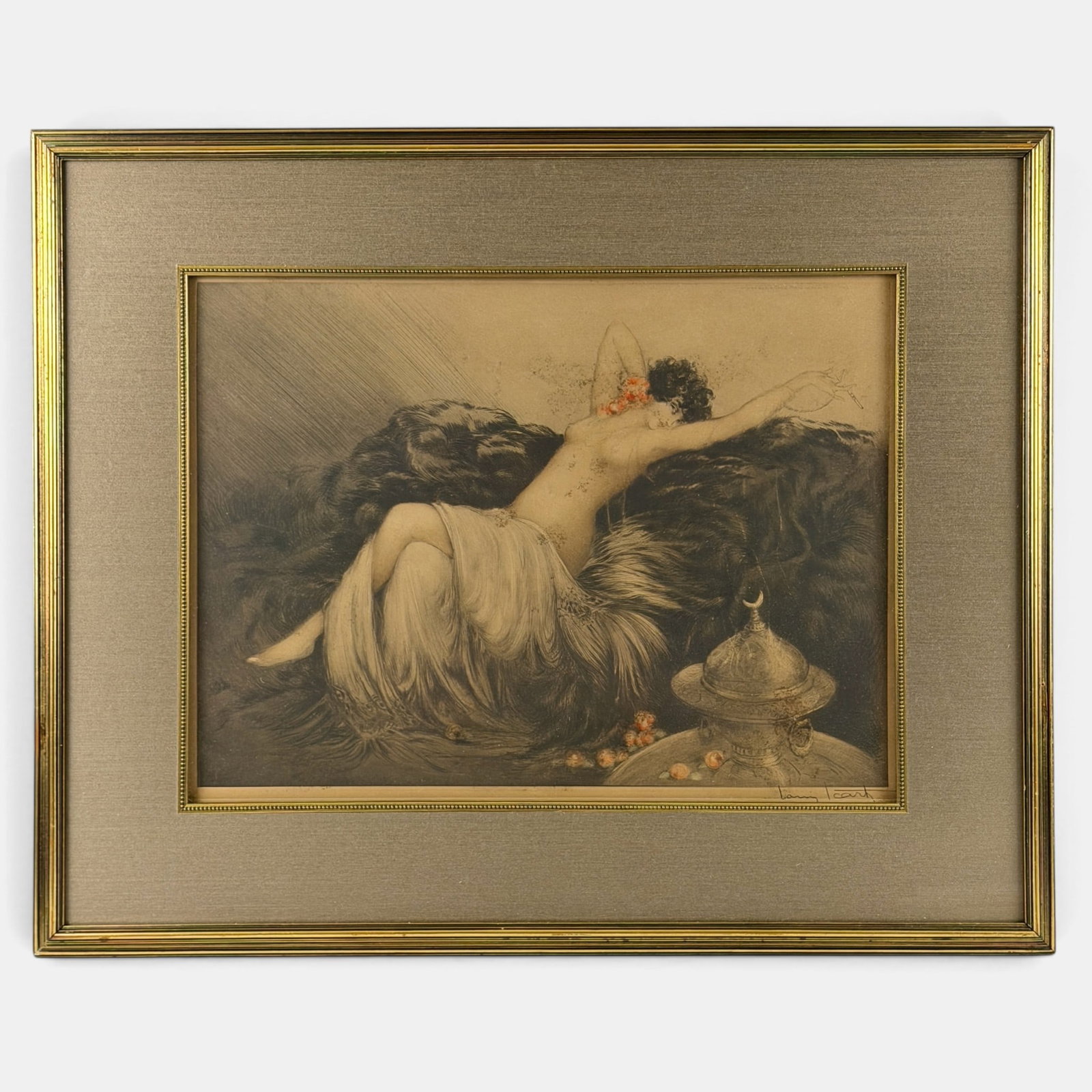 Louis Icart (French, 1888-1950), "Smoke": 1926. Etching and aquatint on paper. Signed graphite lower right. Old Parisian gallery label to verso. 14 3/4" x 20" (plate); 24" x 29" (frame)