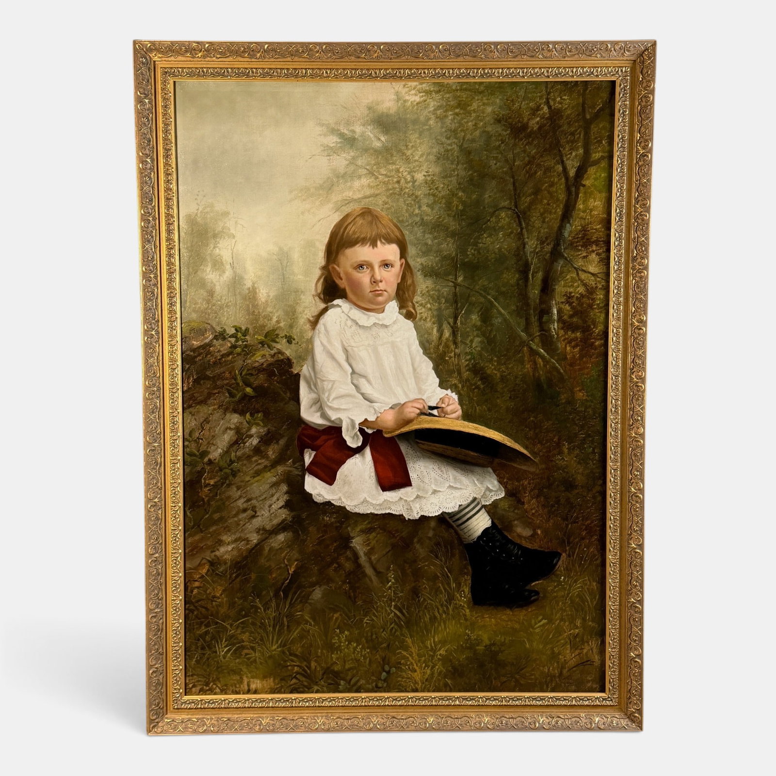A.H. Hammell (late 19th Century), Portrait: A large, deft portrait of a young girl in a forested landscape. Signed in red oil, lower right. 48" x 33" (sight); 53" x 39" (frame)