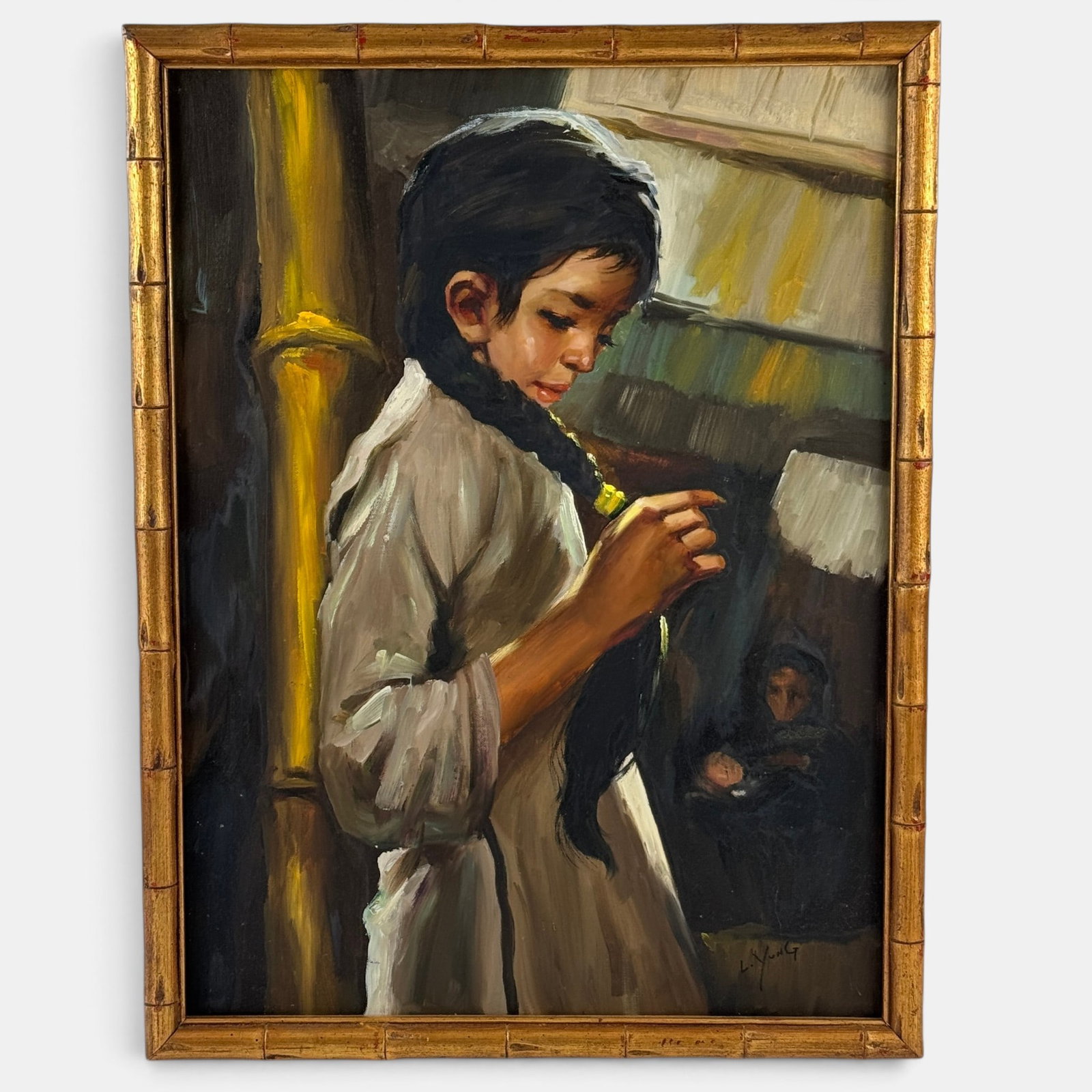 L. Yung Portrait of a Young Woman: Oil on canvas, signed to the lower right by the artist. Housed in a painted bamboo frame. Sight size: 23.5" ht. x 17.5" wd., framed size: 25.5" ht. x 19.5" wd.