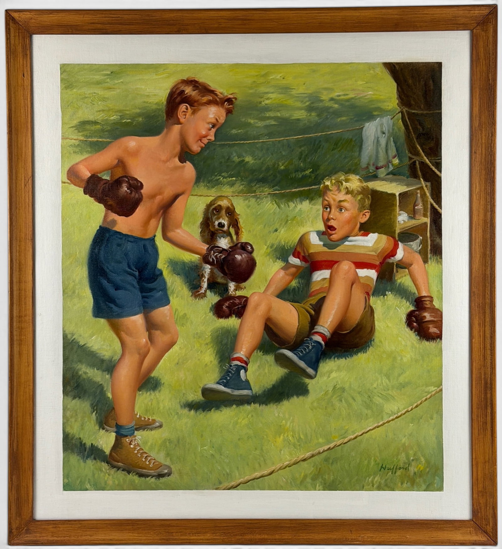 Nick Hufford O/C illustration for Sealed Power Piston Rings: Nicodemus (Nick) Hufford (American 1915-1986) illustration for Sealed Power Piston Rings. The oil on canvas features two boys with boxing gear being watched by a dog. Signed lower right. Sight size is