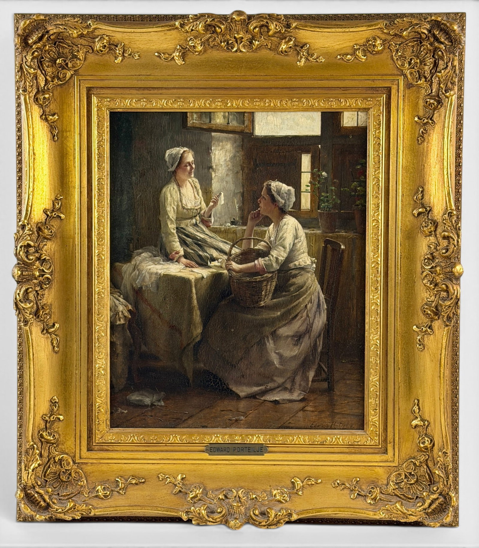 Edward Antoon Portielje (Belgian, 1861-1949): Oil on panel Signed lower right by the artist Titled "Private Conversation" With Patrica Weiner Gallery label to reverse Sight size: 17.5" ht. x 14" wd. Framed size: 27" ht. x 24" wd.