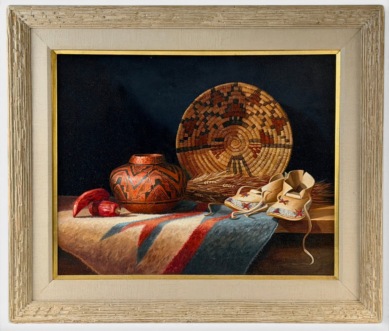 Sue Krzyston, Oil on Canvas: Oil on canvas Southwestern still life titled "A Touch of Age" Signed lower left With exhibition label to reverse Painting size: 24" ht. x 30" wd. Framed size: 33.5" ht. x 39" wd.