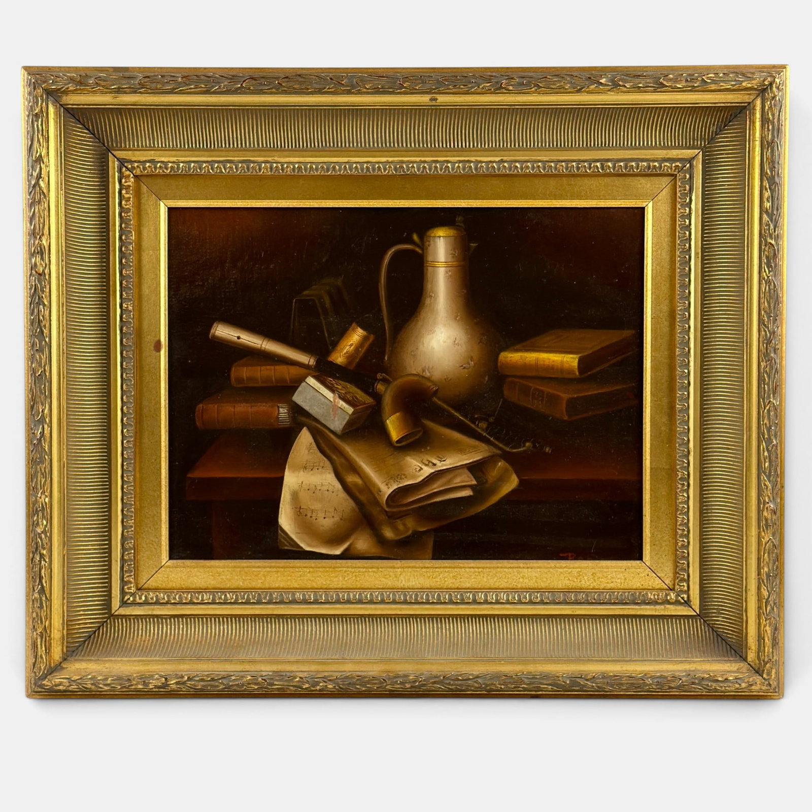 Oil on Canvas Still Life by Robins: A still life depicting teapot, pipes and book Signed to the lower right "Robins" Sight size: 11.5" ht. x 15.5" wd. Framed size: 20" ht. x 24" wd.