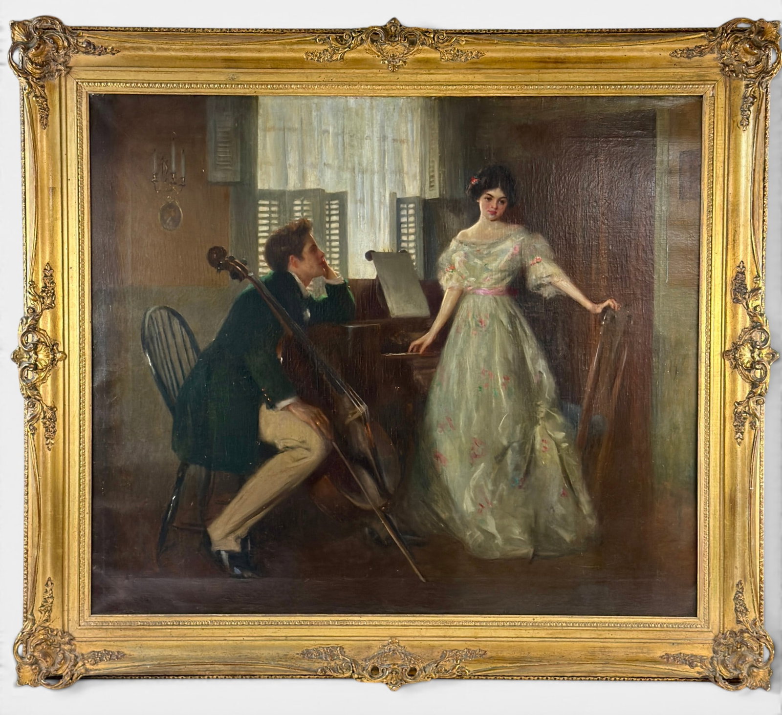 Francis J. Day (American, 1863-1942): Oil on canvas Signed lower left by the artist Titled "The Proposal" With Patricia Winer gallery label to reverse Sight size: 36" ht. x 41.5" wd. Framed size: 44" ht. x 51" wd.