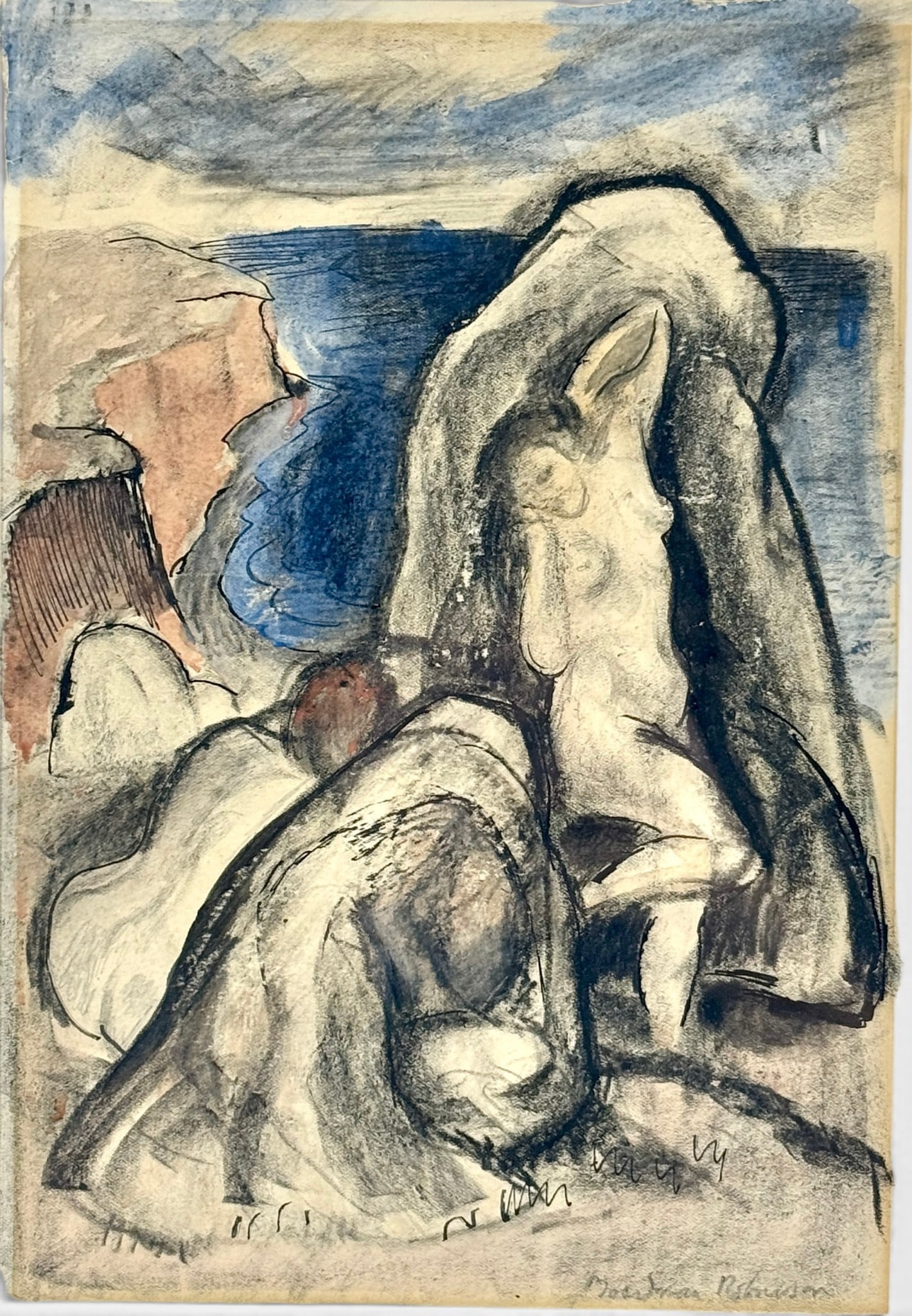 Seascape with Nude by Boardman Robinson: Boardman Robinson (Canadian, 1876-1952). Watercolor, ink, and chalk on paper, signed l.r. 11.25" z 7.5" (sight), 20" x 16" (framed).