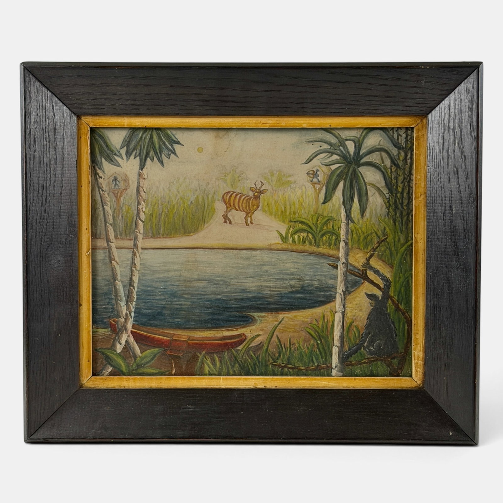 Early 20th Century Wildlife Folk Art Painting: Unsigned, depicting animals grazing and drinking water with canoe in foreground. Sight size: 10.5" ht. x13.5" wd., framed size: 15.5" ht. x 18.5" wd.