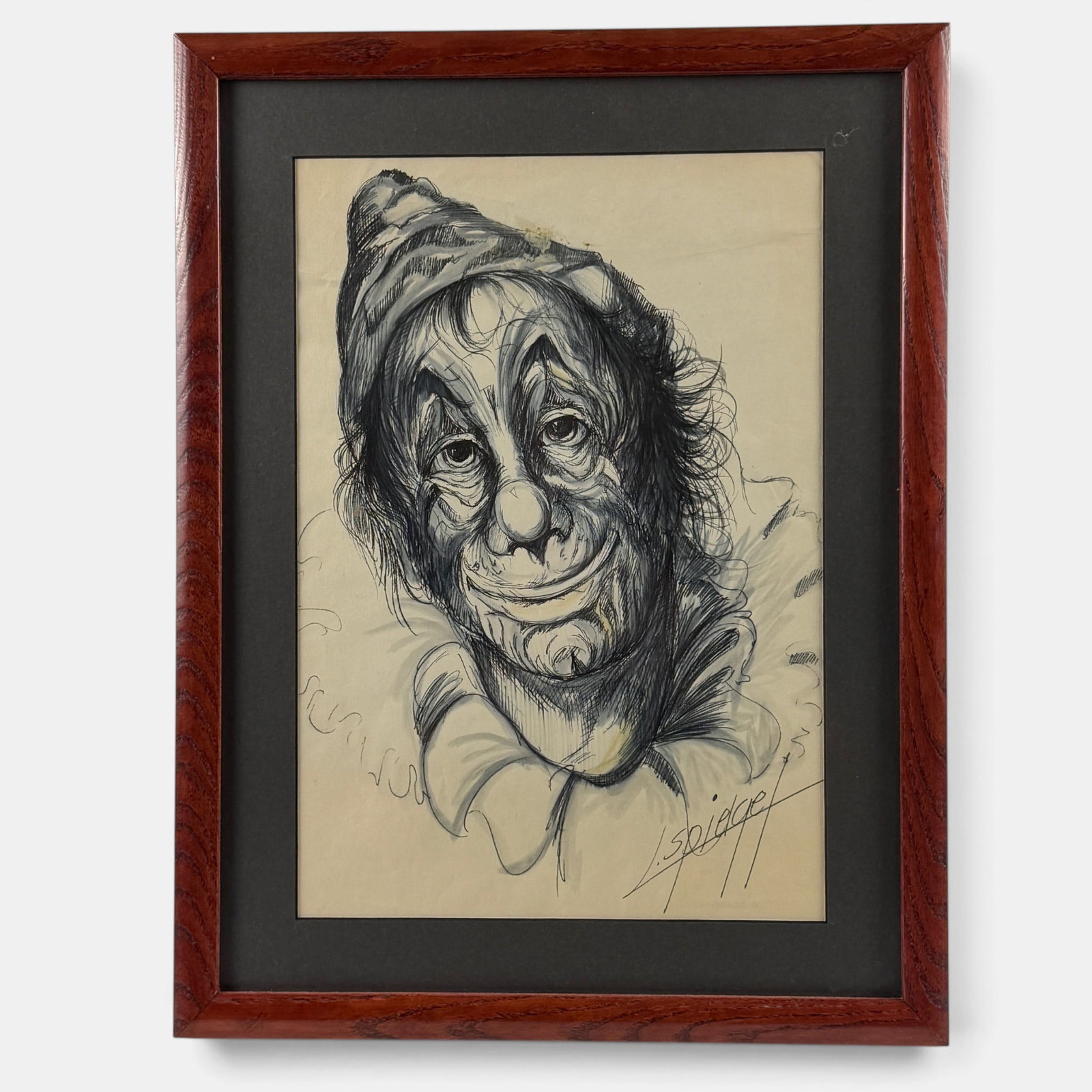 Clown Sketch by Louis Spiegel: Louis Spiegel (American/CIncinnati, 1901-1975). Ink on paper, signed l..r. 13" x 9" (sight), 17" x 13" (framed).