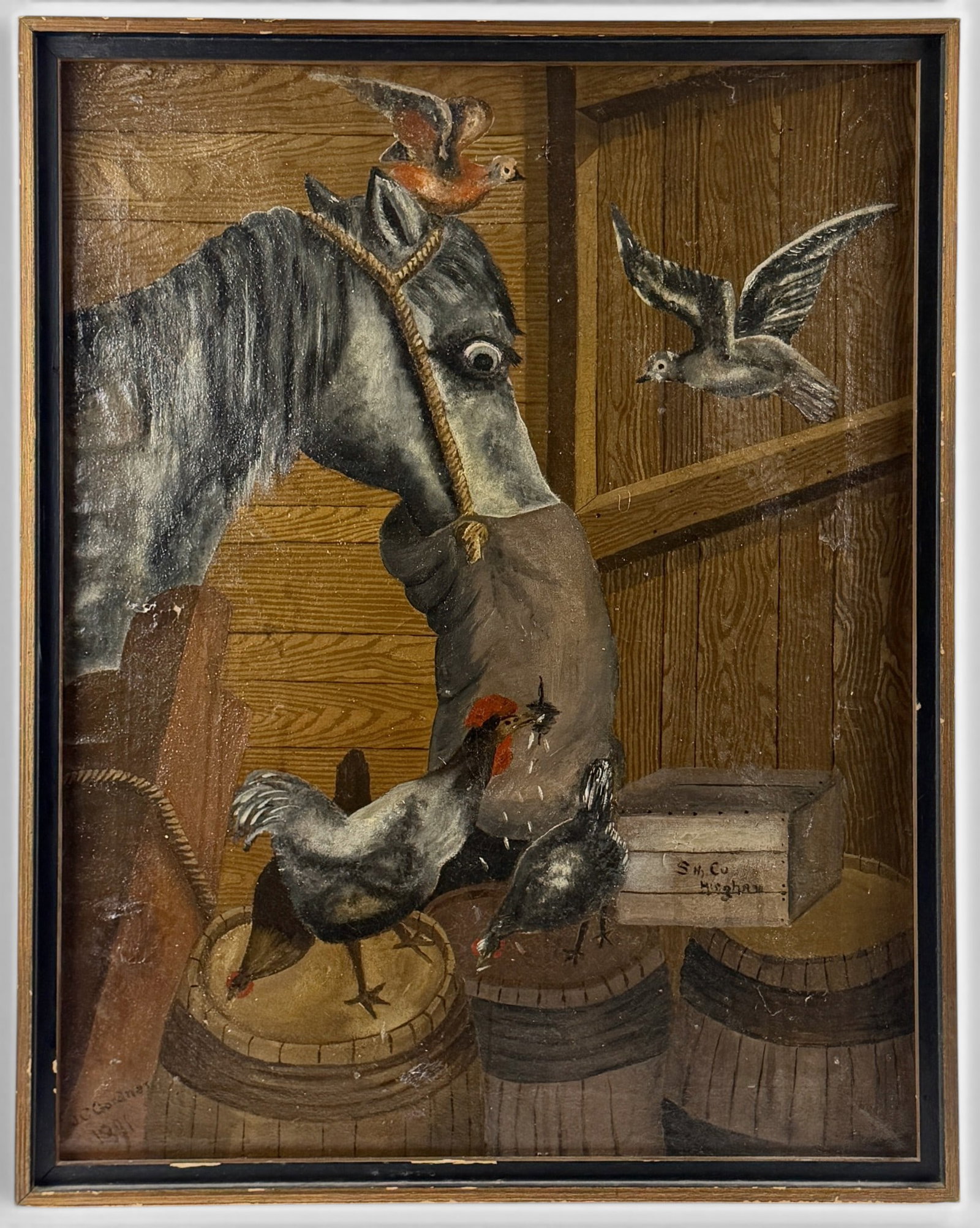 Folk Art Painting of Horse in Barn, J.C. Gardner: J.C Gardner, an 1891 oil on canvas with horse in a barn, bag of feed and chickens. Signed l.l. 27.5" x 22" (framed).