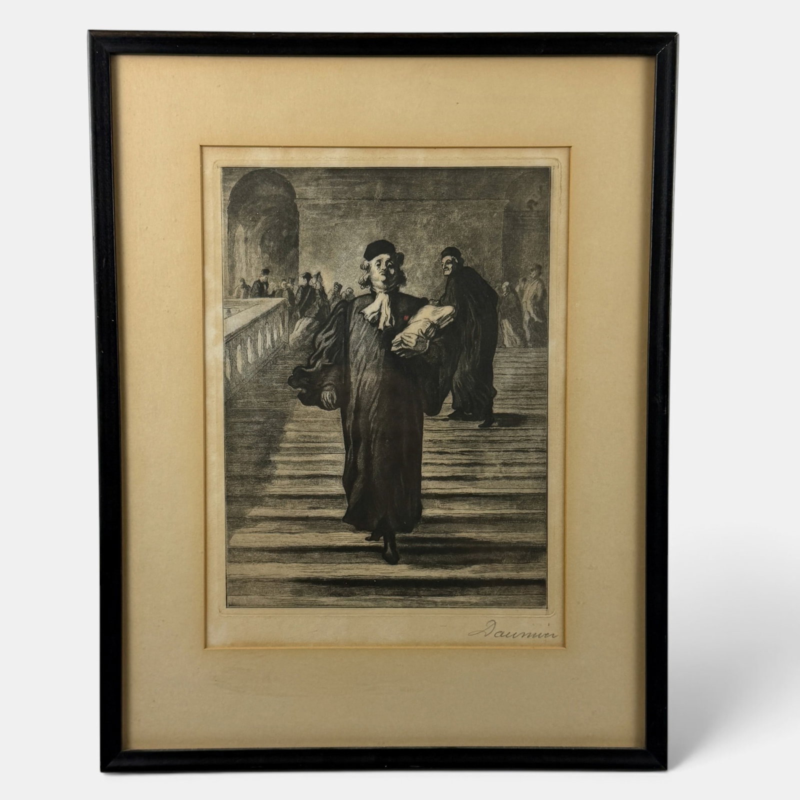 Honore Daumier Etching, "Grand Staircase": Honore Daumier (French, 1808-1879). Etching on paper, signed in margin in graphie, with Frank Bimmerle label to verso. 11" x 8.5" (sight), 17" x 13" (framed).