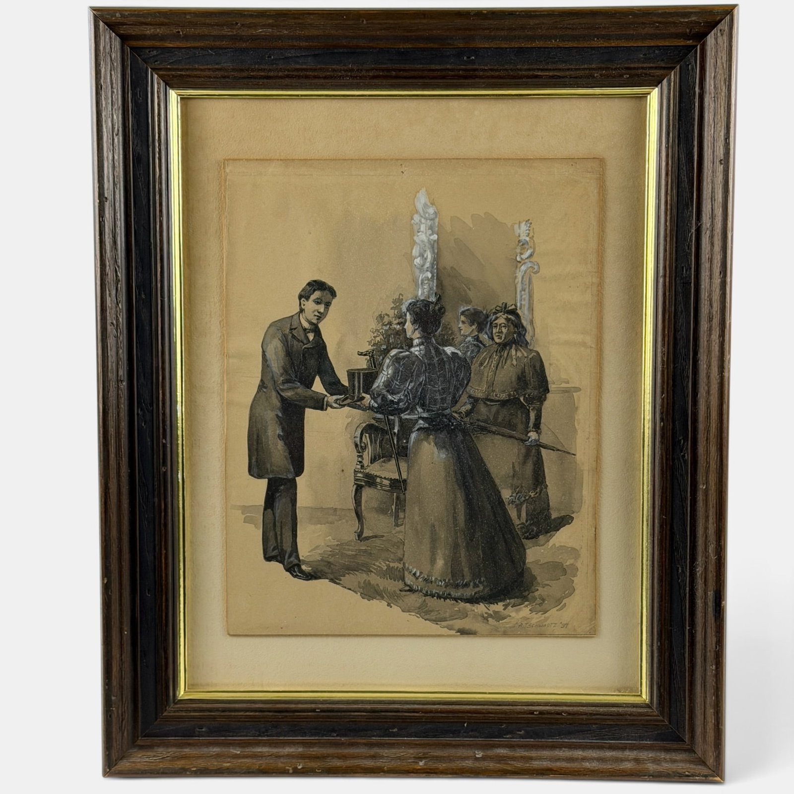 Gouache and Watercolor Illustration by Andrew Schwartz: Andrew Thomas Schwartz (American/Louisville, 1867-1942). Watercolor and gouache on paper, signed l.r., dated 97, and certainly a young work for the landscape painter, likely on commission for an