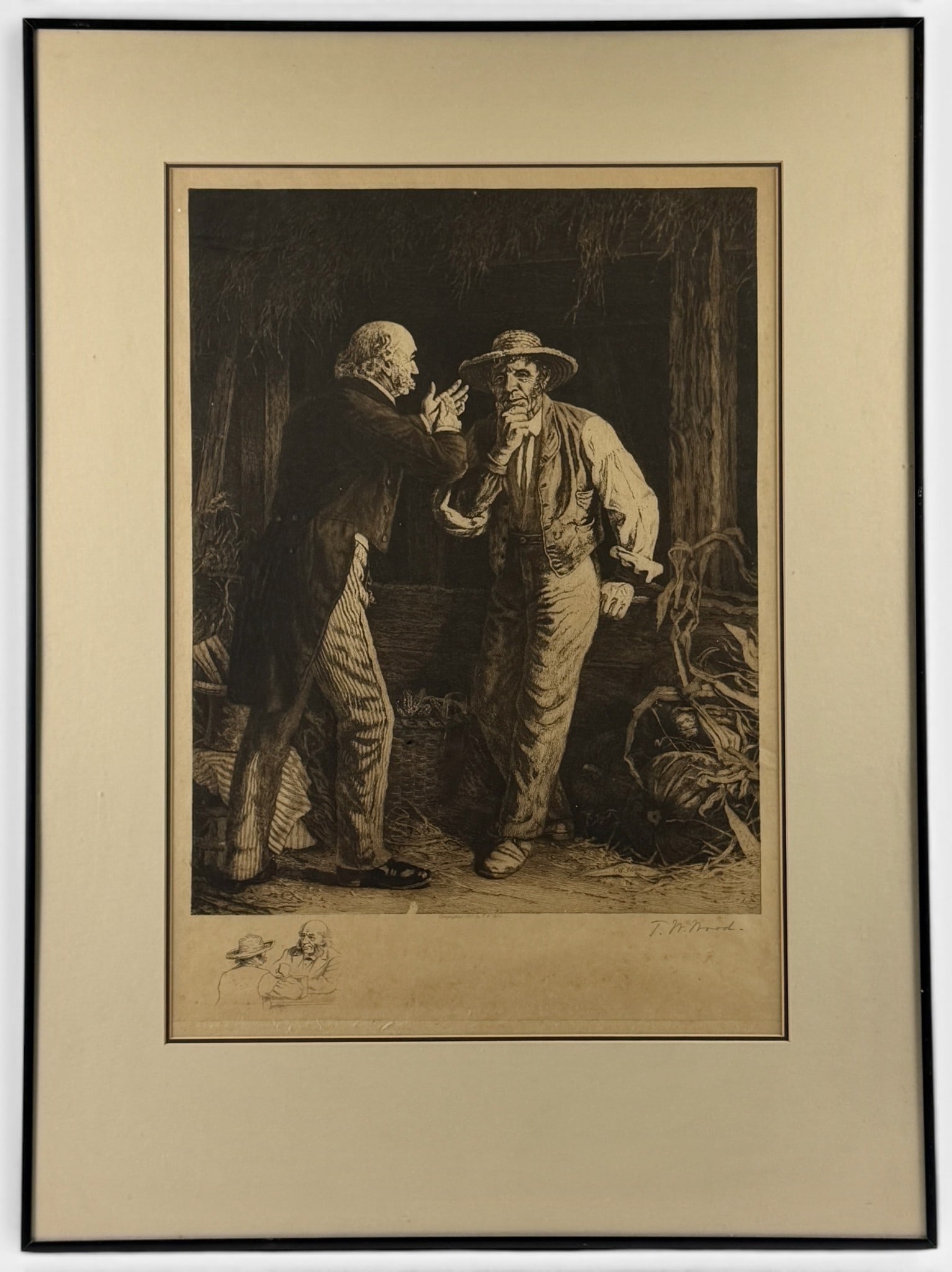 Pair of Signed Genre Etching by Thomas W. Wood: Thomas Waterman Wood (American, 1823-1903). Each etchings on paper, each signed in margin, with interior genre subjects. Largest framed 30" x 22".