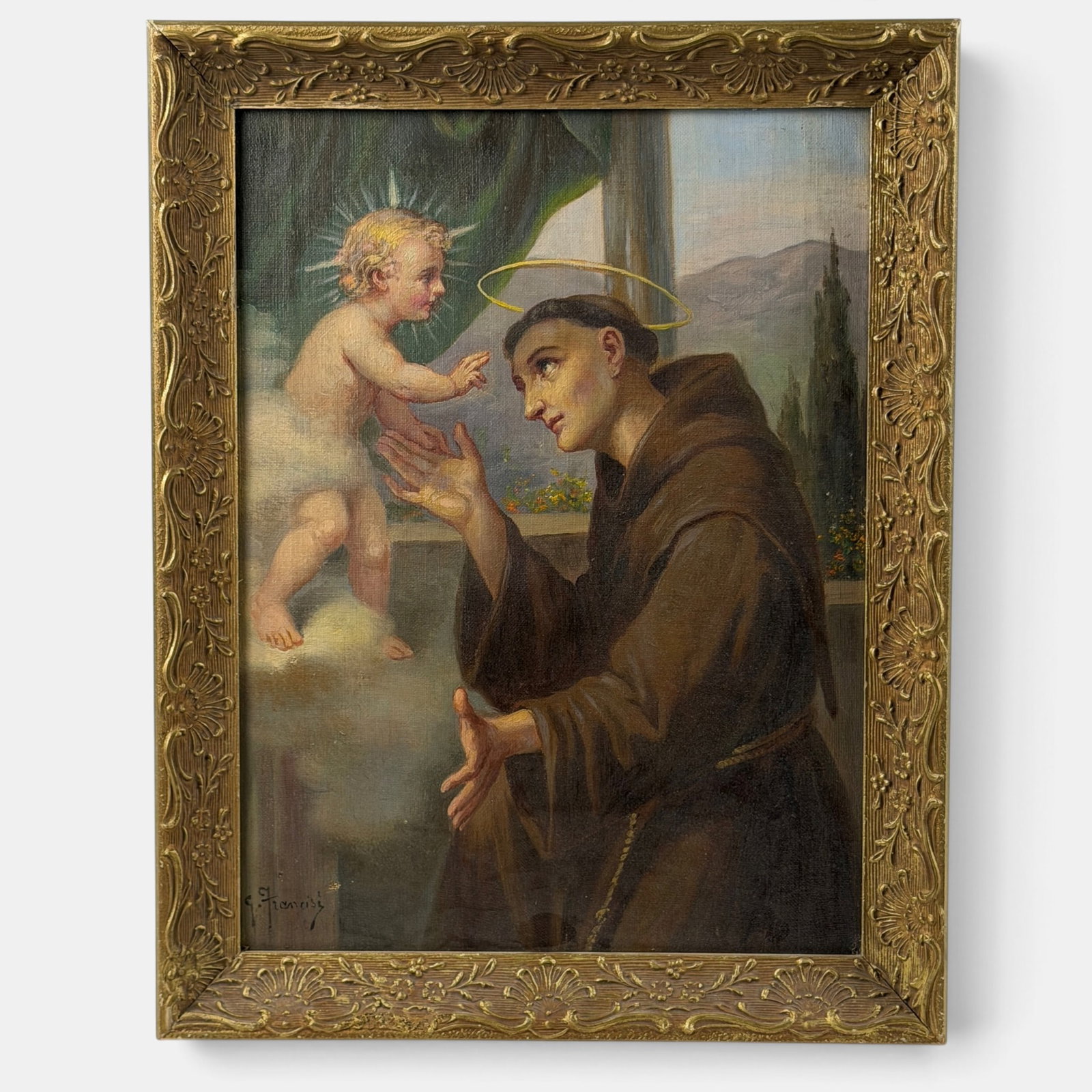 Oil on Canvas of St. Francis by Guido Francisi: Guido Francisi (Italian, 1886-1945). Ca. 1900, oil on canvas, signed l.l. 17.5" x 14" (framed).
