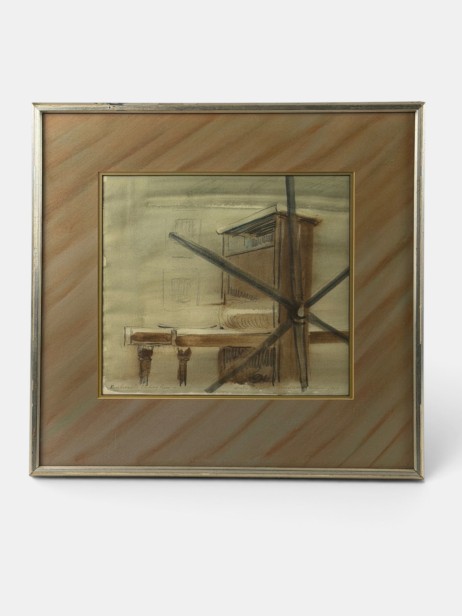 "Rembrandt's Etching Press" by Orville Carroll: Orville Carroll (American, 1912-1986). Graphite and watercolor on paper, signed, titled and dated lower margin. 15" x 15.5" (framed).