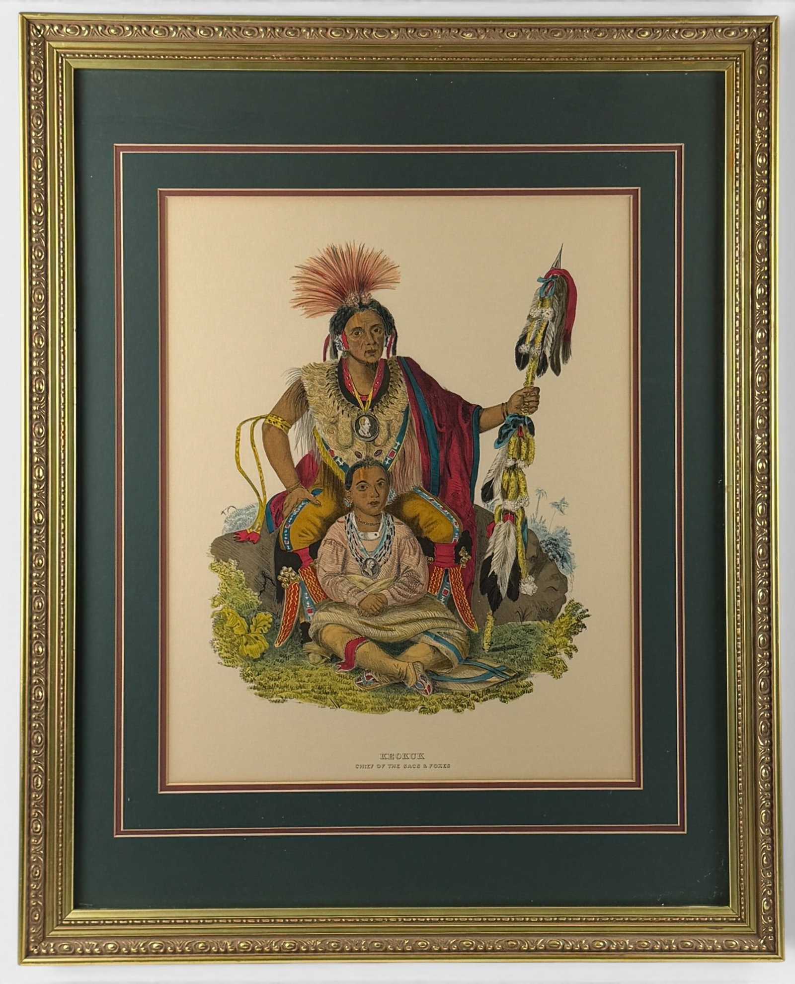"Keokuk" Reproduction Lithograph: Lithograph on paper, from McKenney & Hall, 20th century. 31" x 25" (framed).