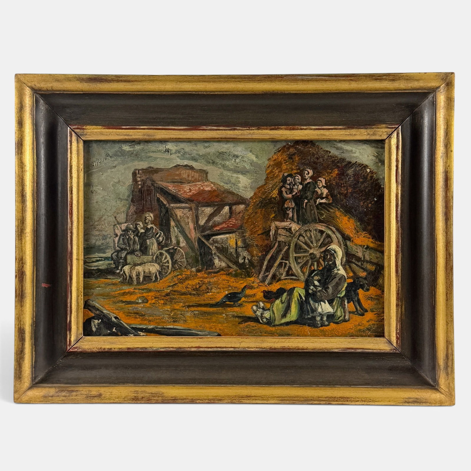 Rural Oil on Board with Reference to Gertrude Stein: Early 20th century, oil on board, depicting a rural group around a cottage, on the coast. Oddly, newspaper references to Gertrude Stein, along with her brothers' penchant for art collecting, are