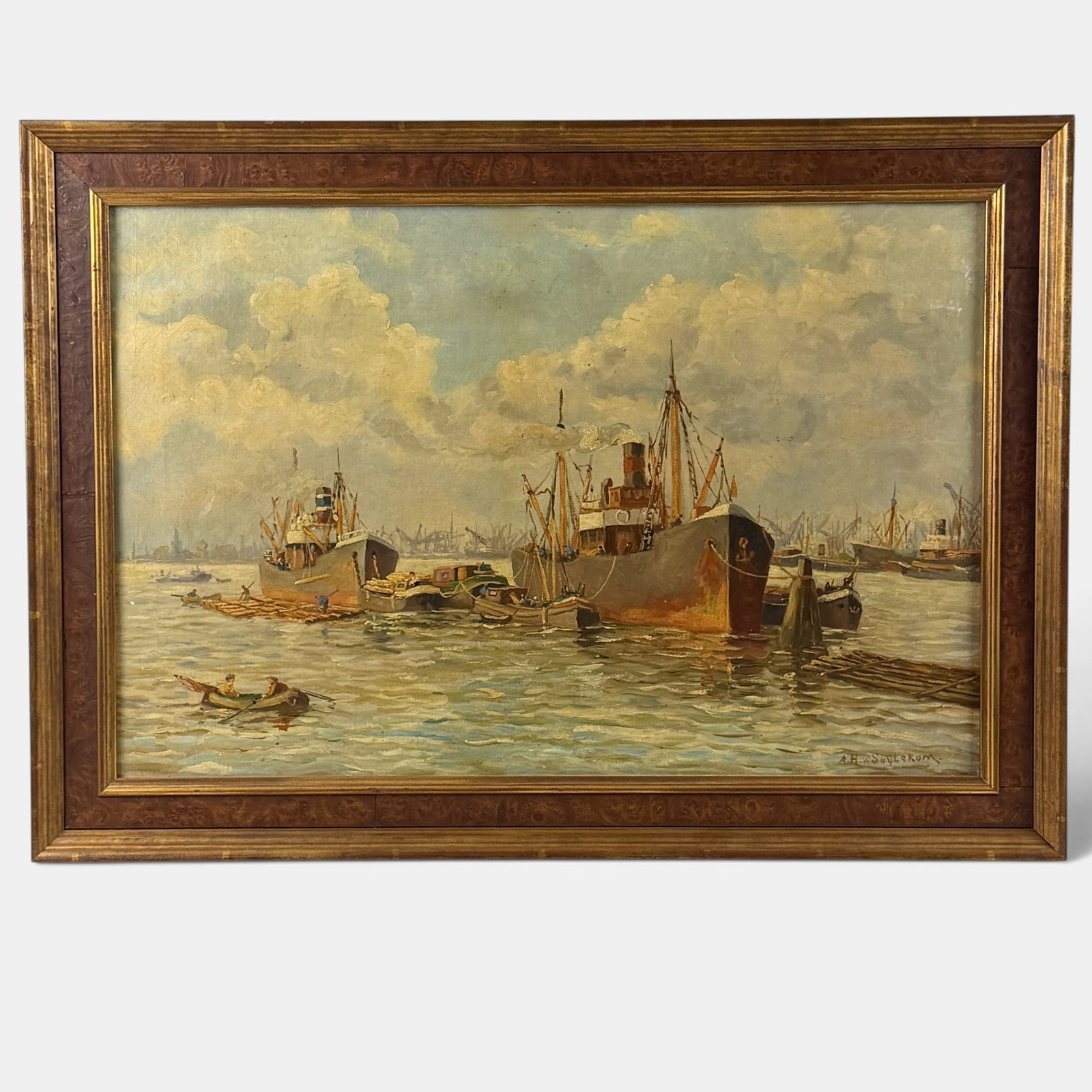 Oil on Canvas Northern European Shipyard: Ca. 1900, oil on canvas, depicting a shipyard with several cargo vessels. Signed l.r. 15" x 23" (sight), 19" x 27" (framed).