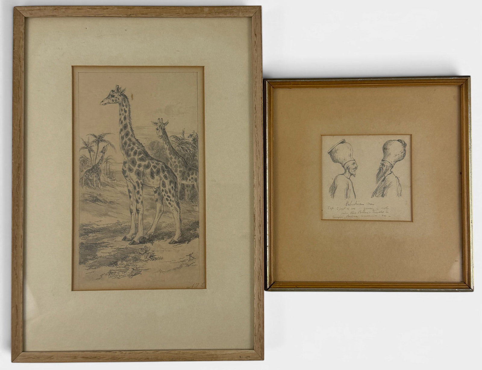 Pair of Early 19th Century Sketches: Each graphite on paper and framed, including one with giraffes, another with side profiles of figures. Largest framed 14" x 9.75".