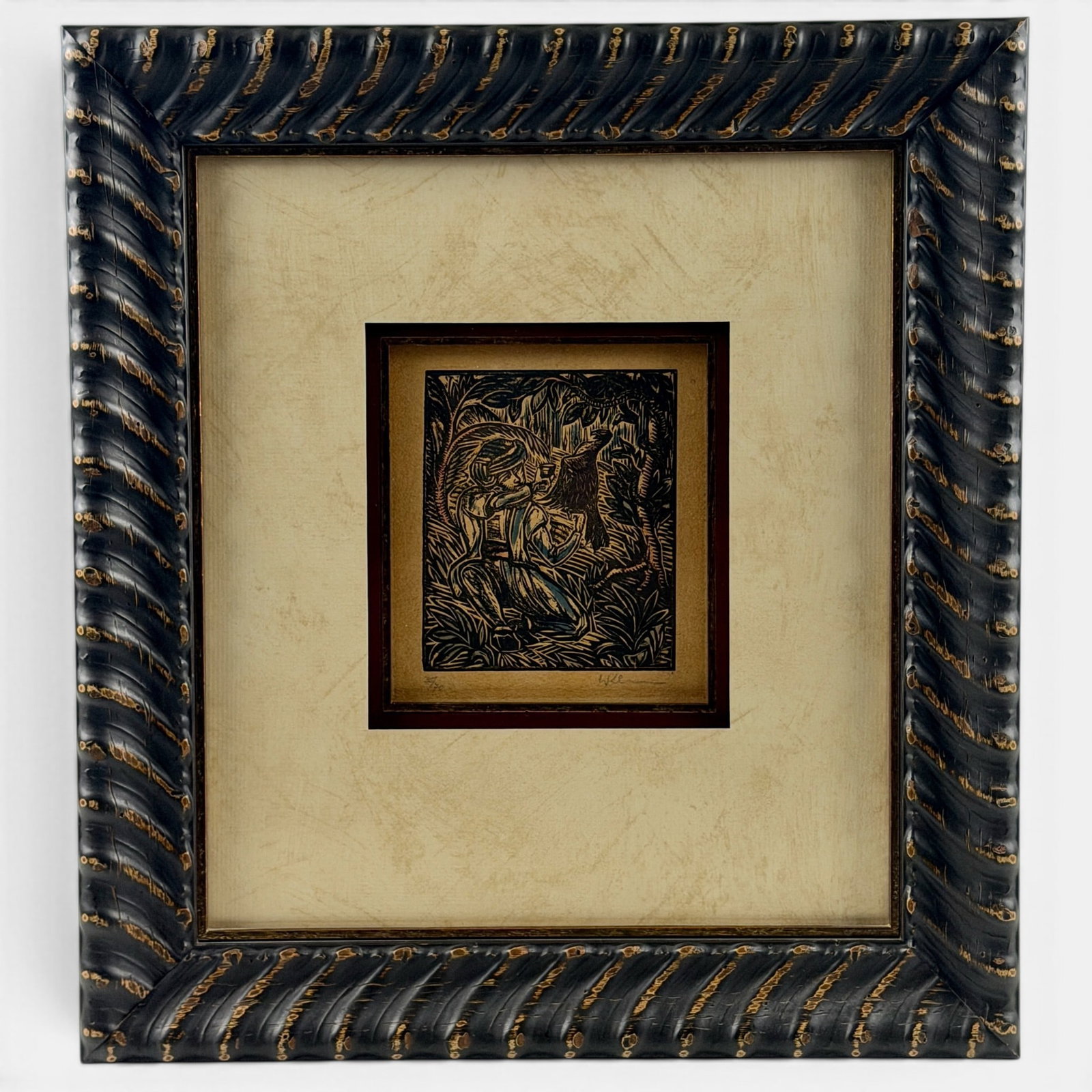 Pair of European Prints, Including Walther Klemm: Walther Klemm, a fine hand-colored woodcut titled "Sinbad and his Falcon." Signed and editioned 35/70 to margin. 5 1/4" x 4 1/4" (plate); 17" x 16" (frame). Also, a colored etching by French artist