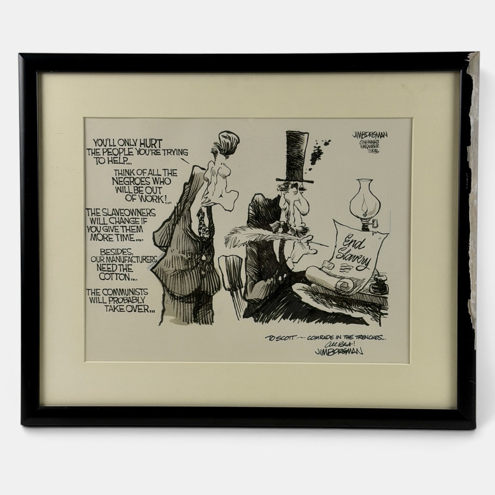 Political Cartoon by Jim Borgman (Cincinnati): A satire cartoon, pen and ink, depicting Lincoln and Reagan. Originally published in the Cincinnati Enquirer, ca. 1986. Inscribed and signed, lower right. 16" x 20" (frame).