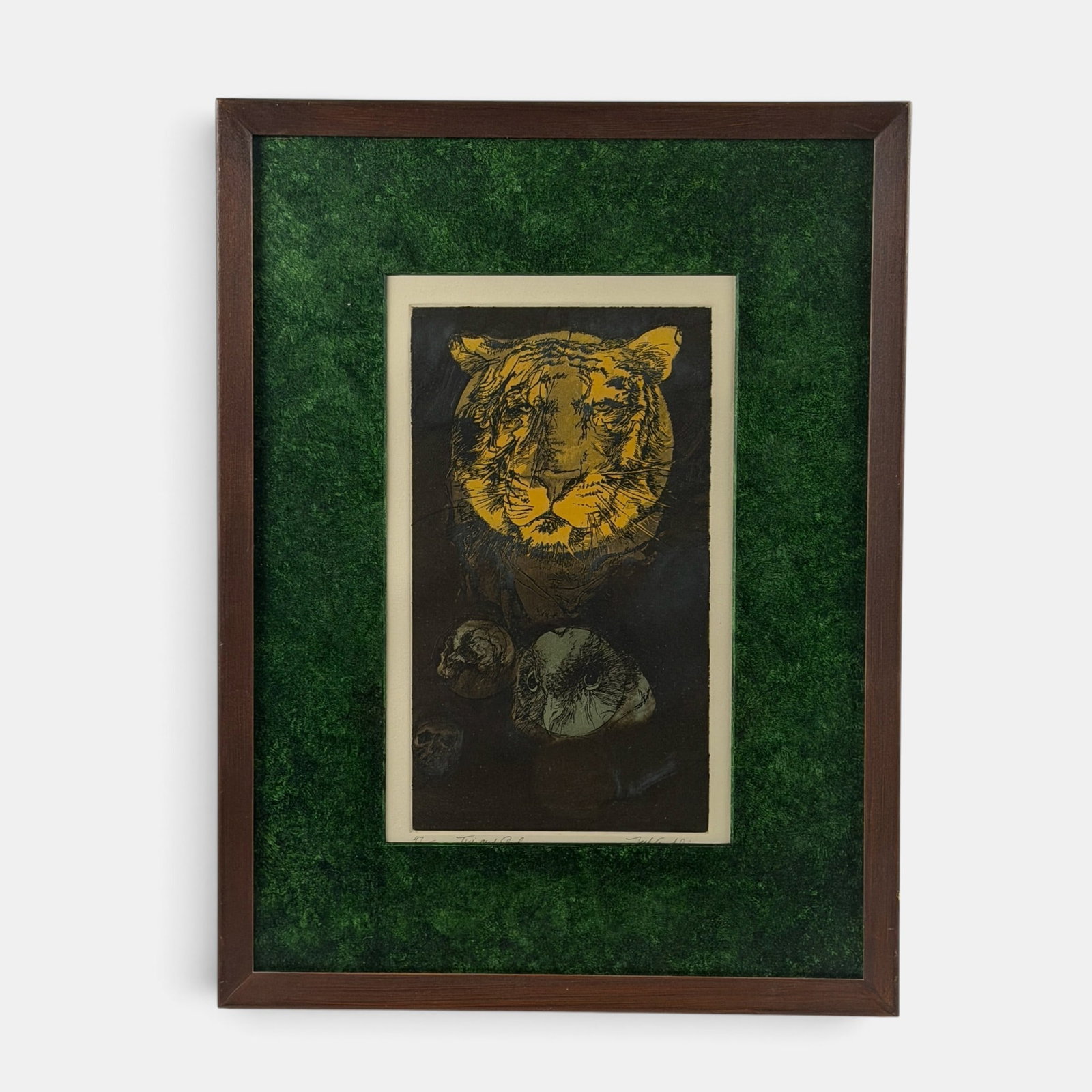 Pair of American Modernist Etchings, Jack Coughlin: Examples by Helen Schwartz and Jack Coughlin. Coughlin piece titled Tiger and Owl. Both colored etchings, both signed and editioned to margin. Largest is the Schwartz, at 26" x 25" (frame).