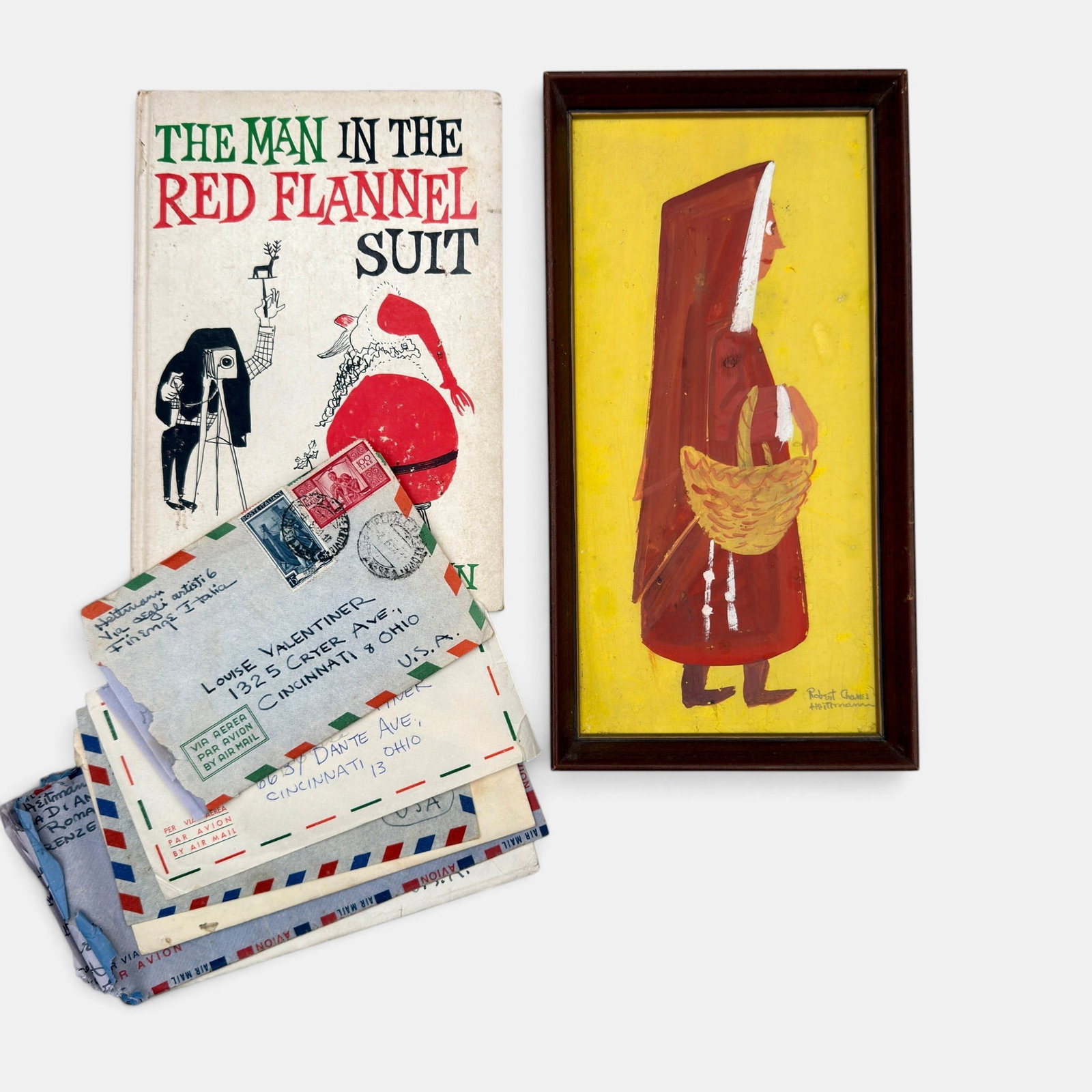 Robert Heitmann Illustration, Book, and Letters: A gouache on board, nursery book titled "The Man in the Red Flannel Suit", and letters from author and illustrator Robert Heitmann. Book from 1959, dedicated to frontispiece. Goache signed. Gouache