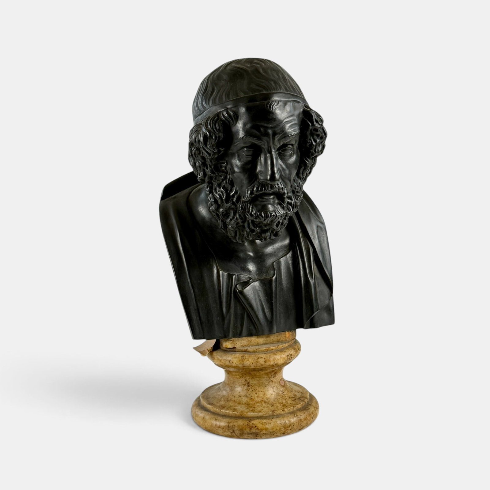 Grand Tour Bronze of Homer: A bronze bust of Homer, on marble base. Ht. 18".