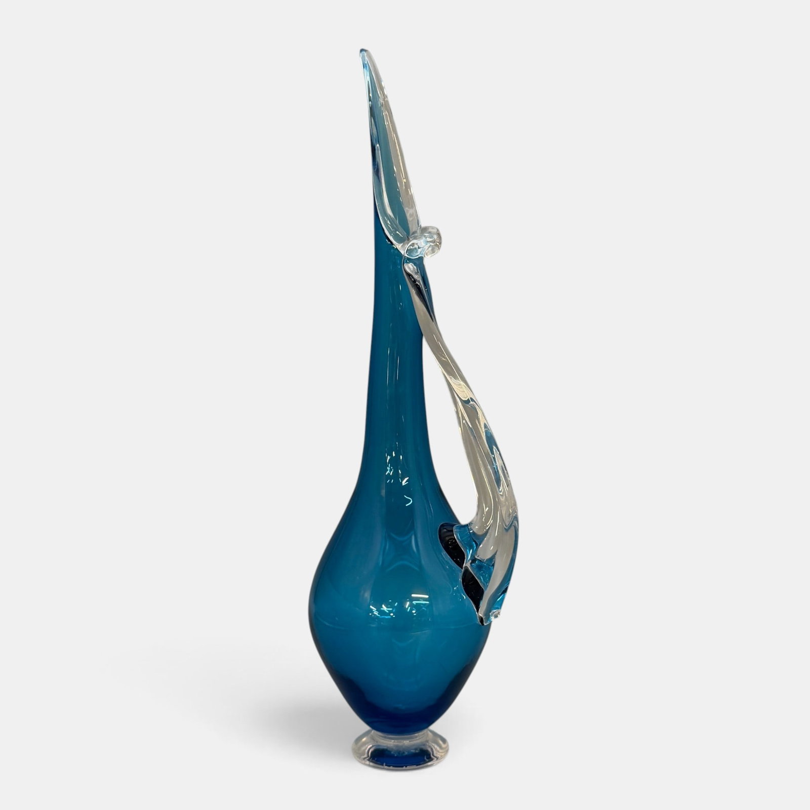 Michael McDougal Blown Glass Pitcher: In blue, a tall handled pitcher, signed to underside. Ht. 19".