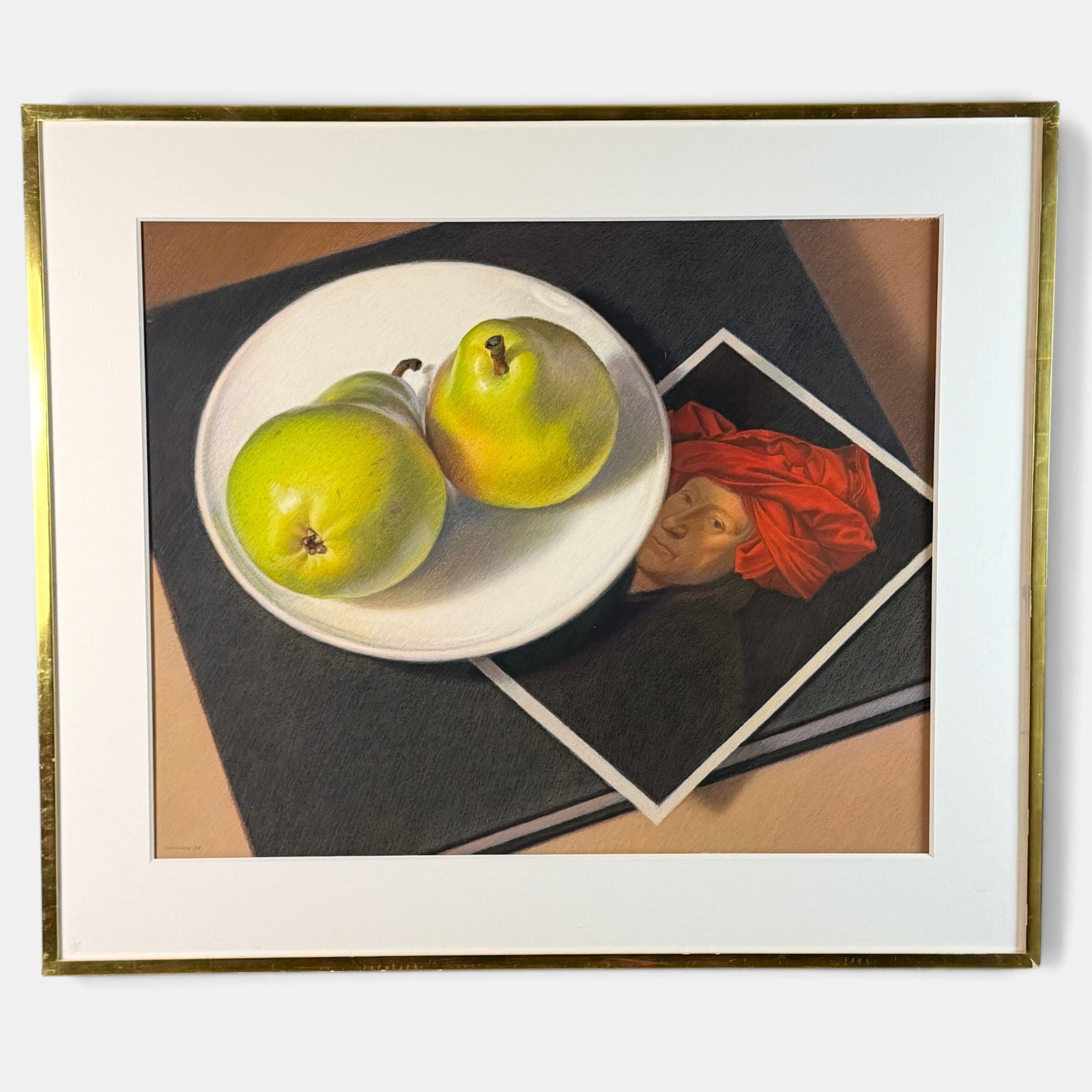 Mary Ann Currier (1927-2017): Oil pastel on museum board. Titled "Pears van Eyck" and dated 1988. Featured in the Alexander F. Milliken Inc. exhibition catalogue from 1989 which accompanies the work. Sight size: 27.5" ht. x 34"