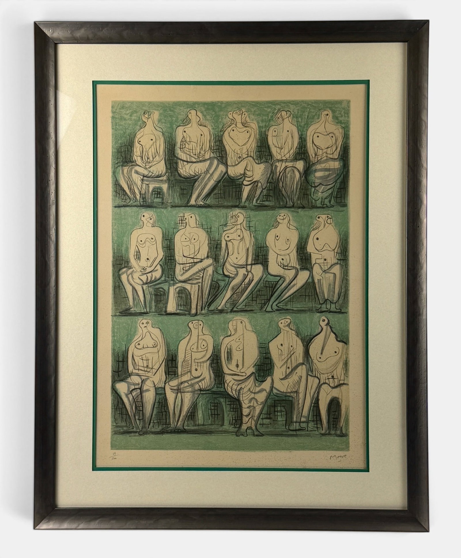 Henry Moore (1898-1986), Seated Figures: Lithograph in colors on Arches paper, printed by Mourlot, Paris, published by Berggruen et Cie., Paris, 1957. Edition 89/200. Signed lower right margin. 20 3/4" x 14" (image size); 30" x 23 1/2"