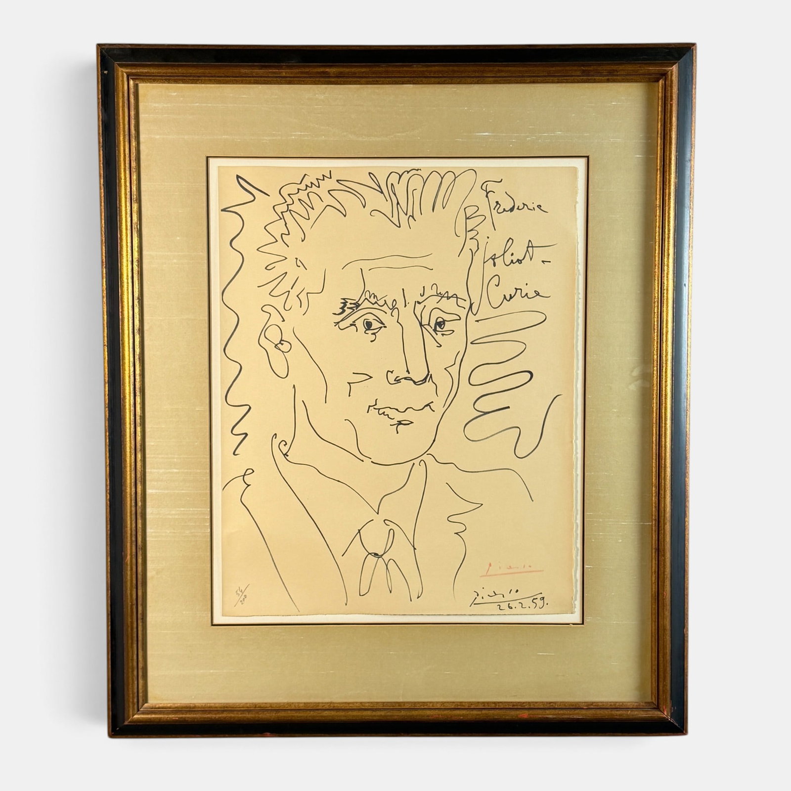 Pablo Picasso, Frederic Curie Lithograph: "Frederic Curie" lithograph by Picasso. Signed in plate to lower right and signed in red crayon lower right. Edition number 56/200 lower left. Sheet size: 25.5" ht. x 20.5" wd., framed size: 40" ht.