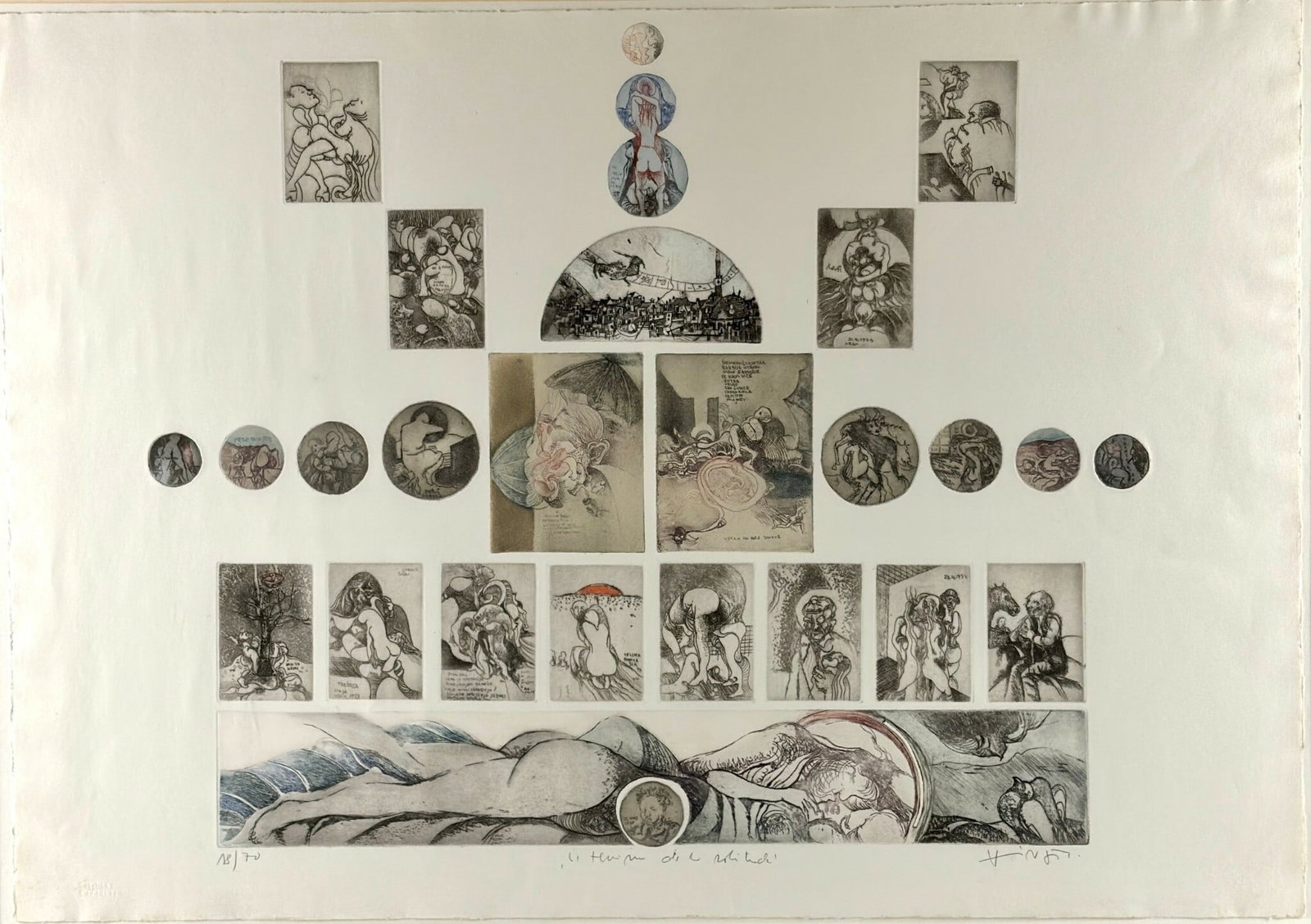 A Composition of Lithography, Multiple Plates: Artist not identified. A fine lithograph consisting of multiple plates to create a composition/story. Signed indistinctly to the lower right and numbered 18/70. Sight size: 25" ht. x 35.5" wd.,