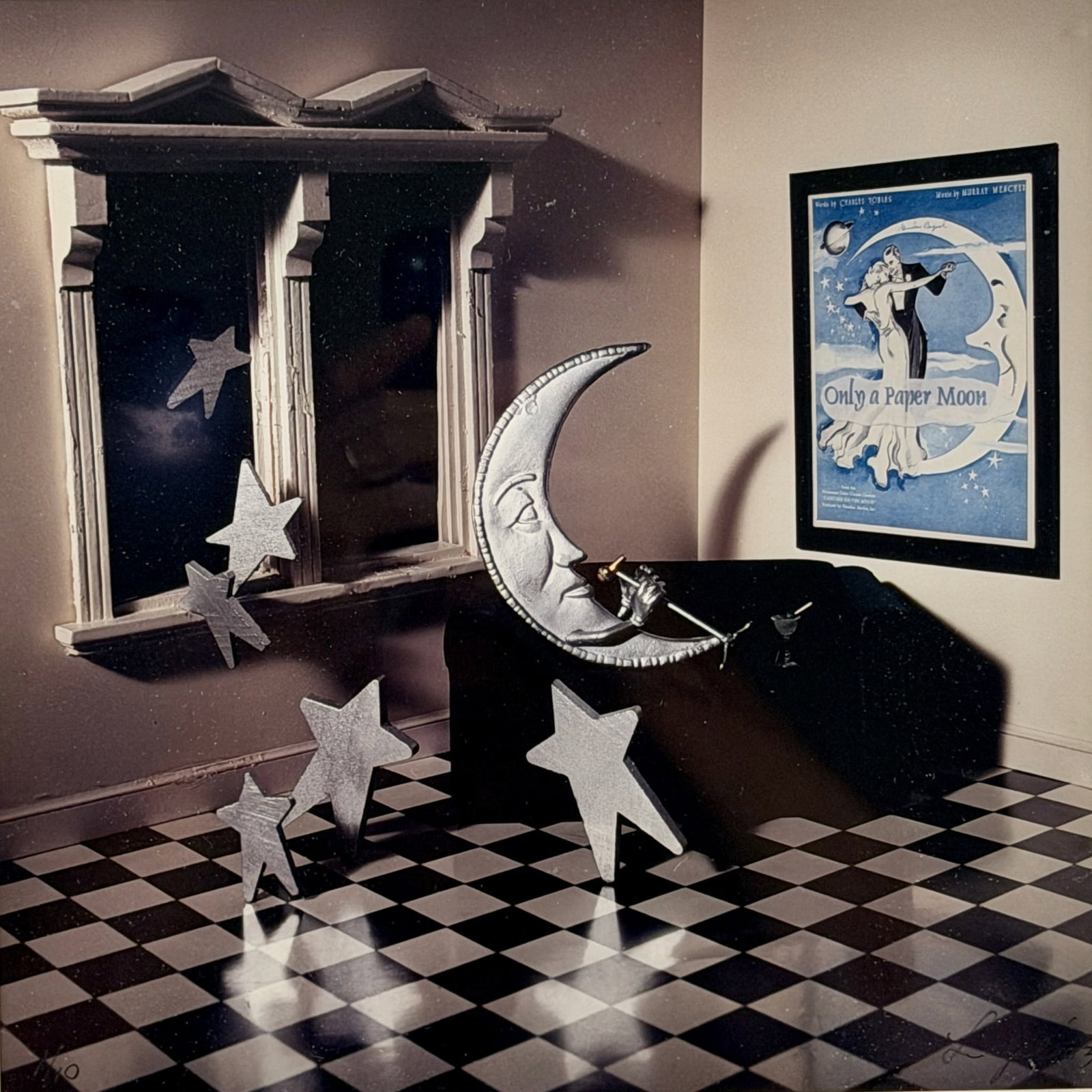 Photograph by Lou Zale: Lou Zale (American, 20th/21st Century). Consisting of a moon and room and poster, a surrealist construction. Numbered 1/10 l.l. 16" x 16" (framed).