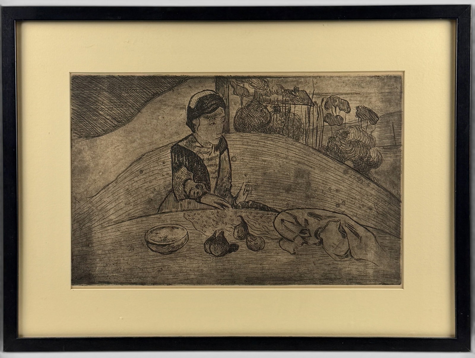 "Woman with Figs" Etching by Paul Gauguin: Paul Gauguin (French, 1848-1903). Etching and aquatint on paper, unsigned. 10.5" x 16.25" (plate size), 17" x 23" (framed).