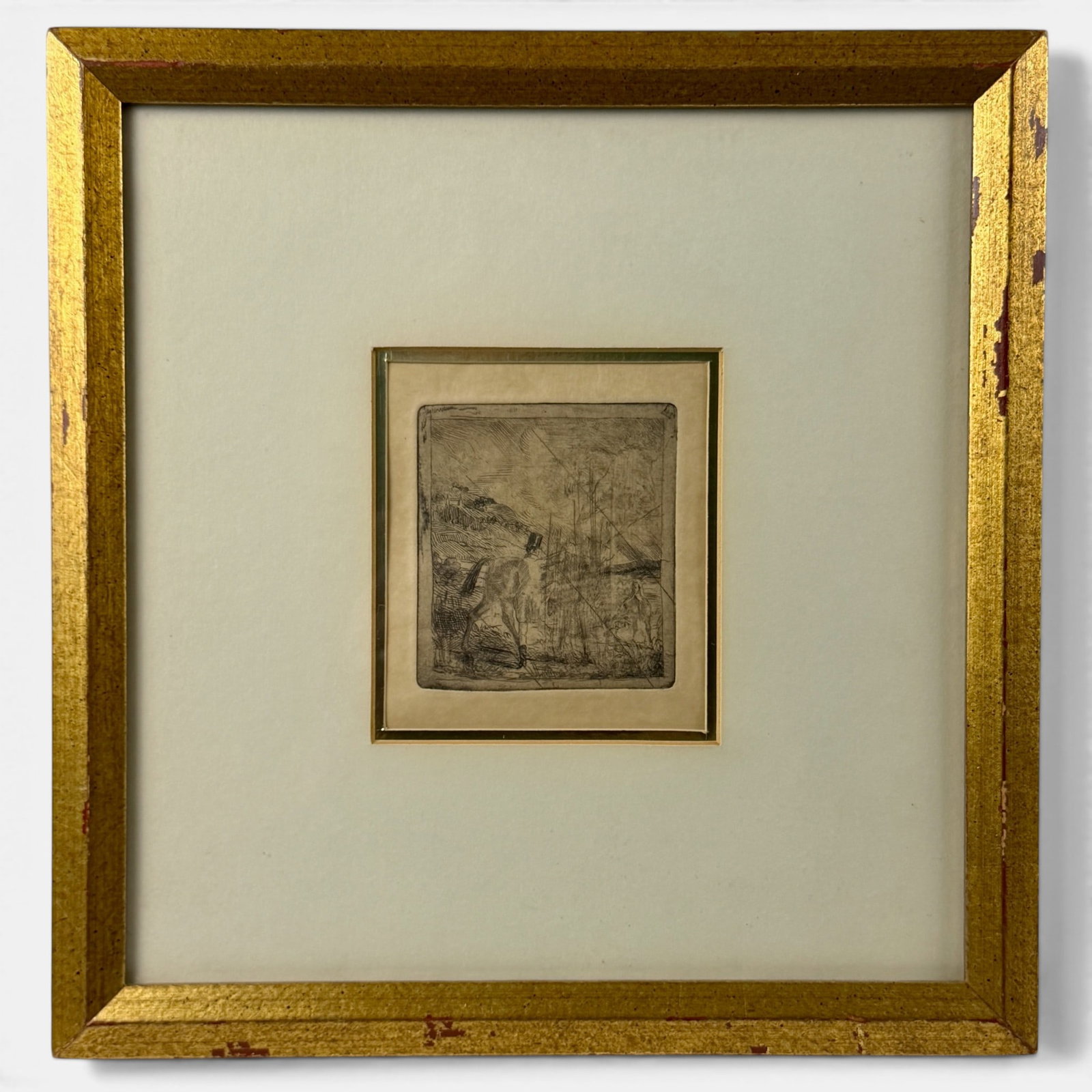 "Sportsman Montant son Cheval" Etching by Edgar Degas: Edgar Degas (French, 1834-1917). Etching on paper, a posthumous impression. 3.5" x 3" (plate size), 11.5" x 11.5" (framed).