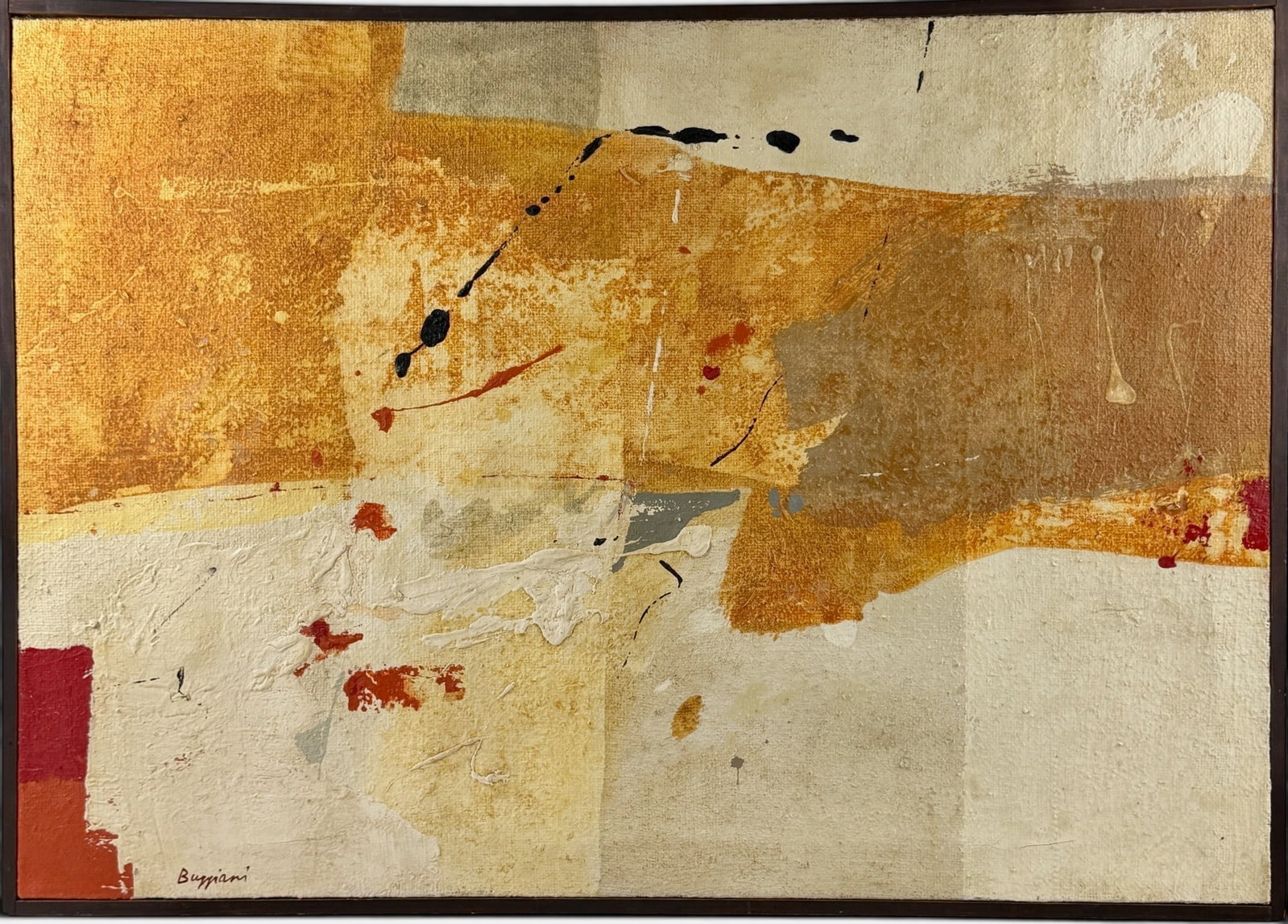 Abstract Oil by Paolo Buggiani: Paolo Buggiani (Ialian, b. 1933). Oil on canvas, signed l.l., with Closson's label to verso. 24" x 34" (sight), 25" x 35" (framed).