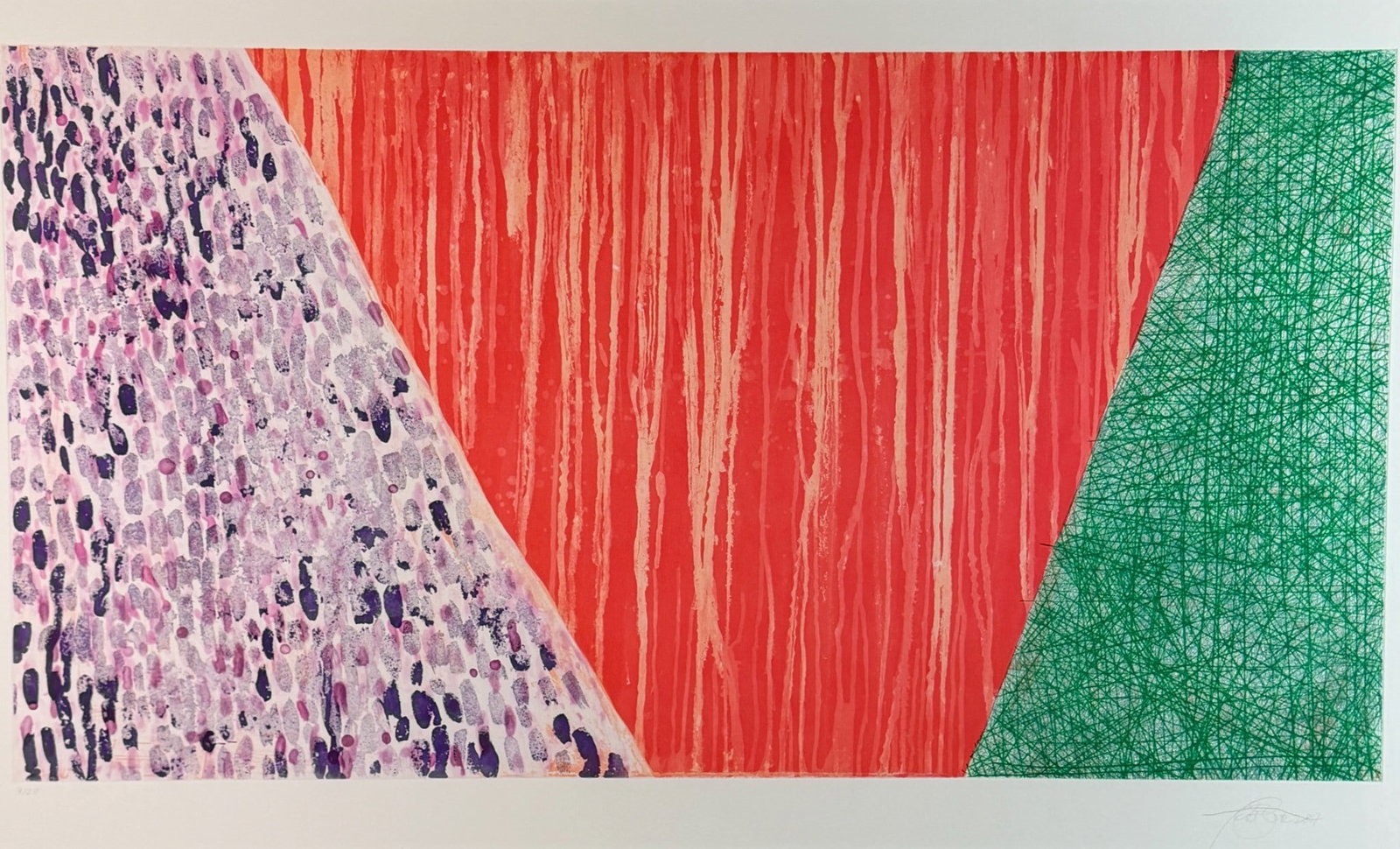 "Alphabet: Secondary" by Pat Steir: Pat Steir (American, 1938-2026). Etching and aquatint on paper, signed in margin, numbered 7/20. 24" x 44" (sight), 38" x 58" (framed).