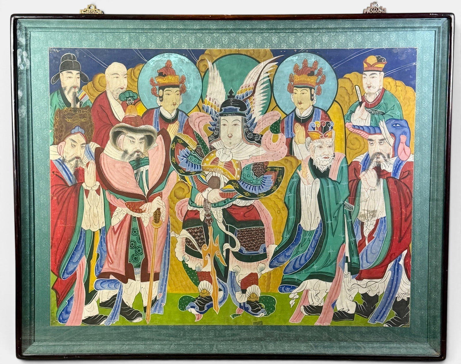 Sinjung T'aenghwa Buddhist Painting on Silk: Joseon dynasty, by anonymous artist, early 19th/late 18th century. Depicting 9 figures surrounding a central iconic figure. Housed in a shadowbox frame under glass. Painted in ink, gilt and