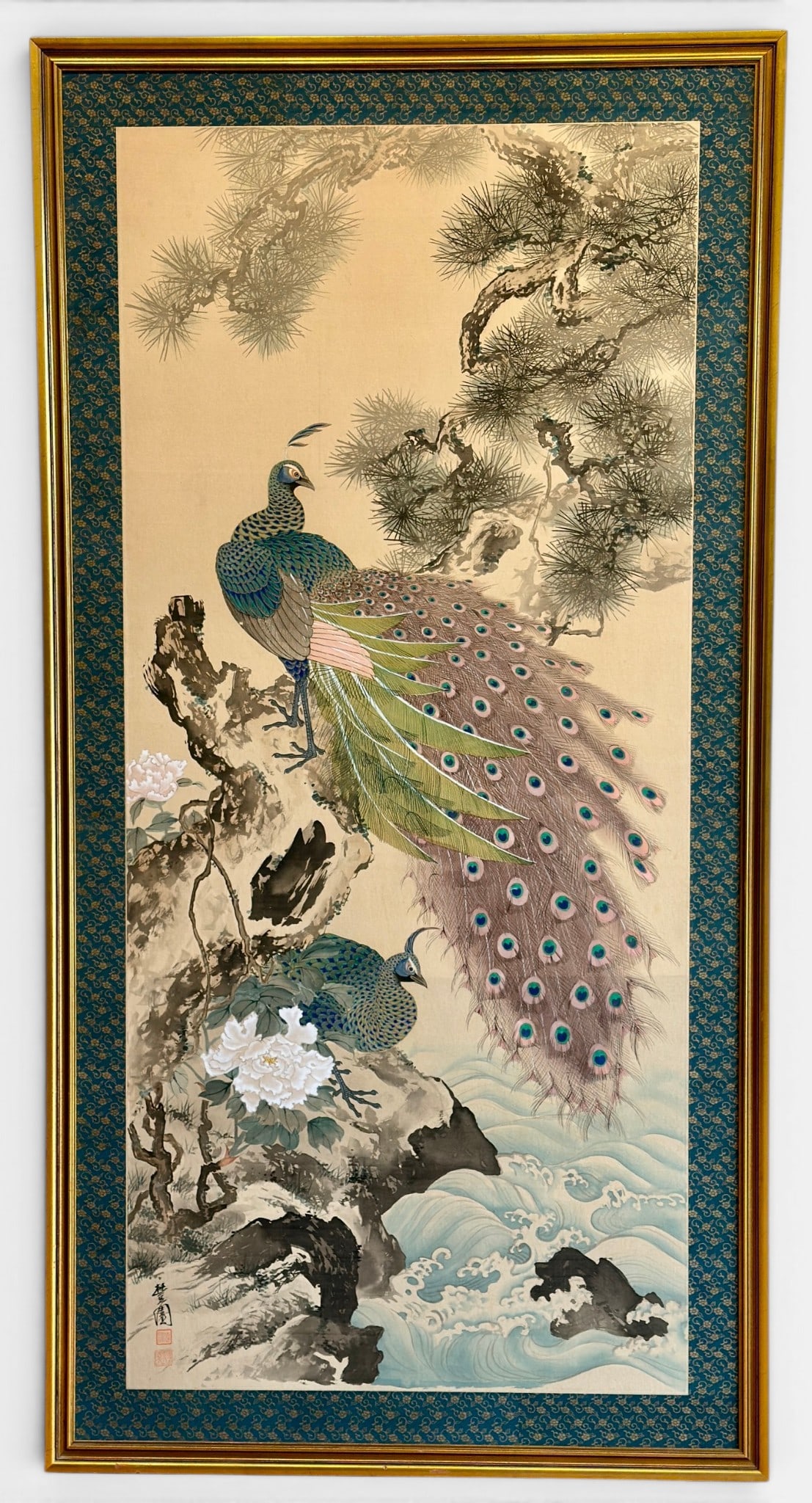 Japanese Scroll Painting of Peacock: 20th century, a watercolor on scroll paper, signed and with pair of red seals to l.l. 71" x 36" (framed).