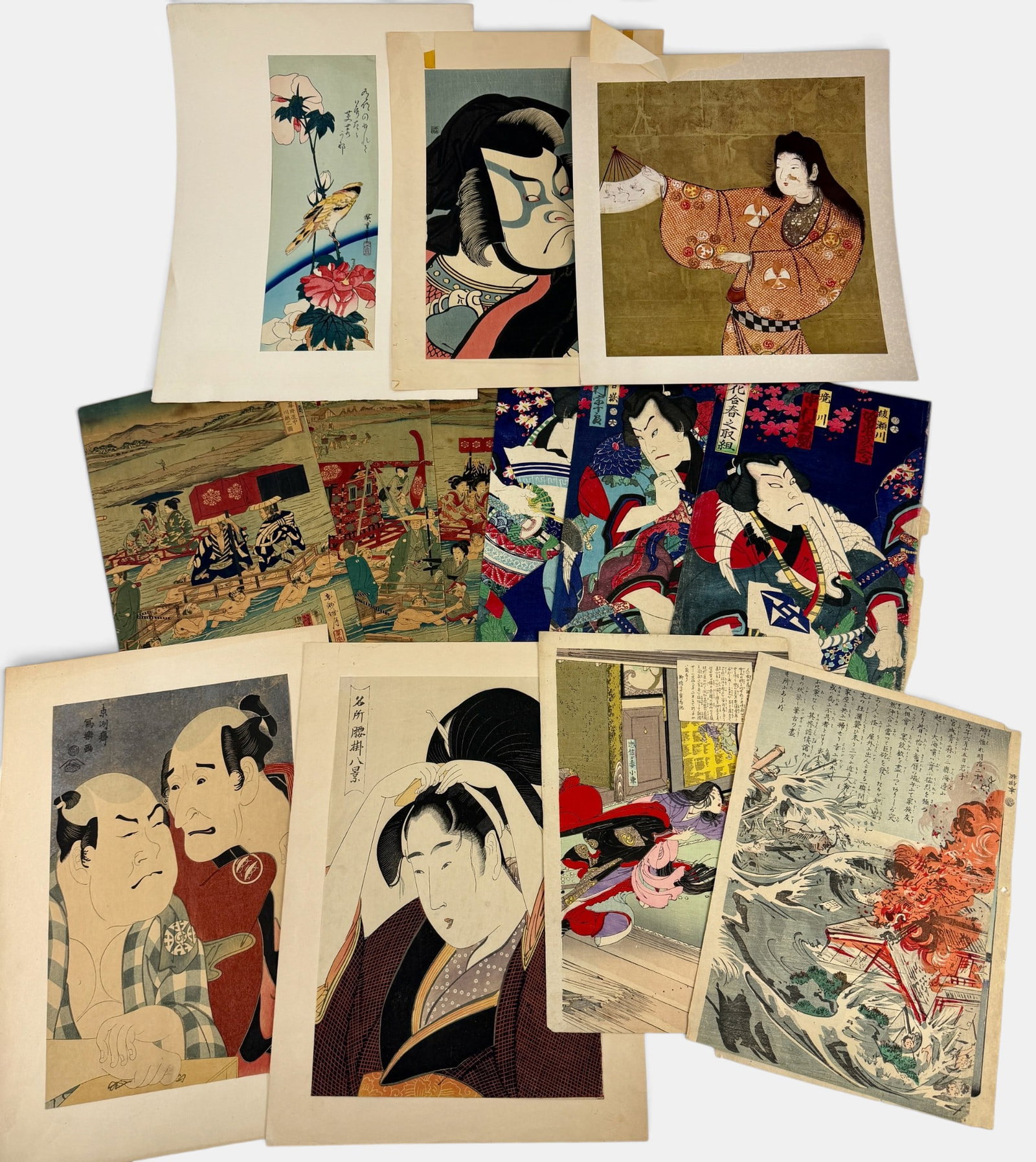 Large Collection of Mostly 19th Cent. Japanese Woodblocks: Consisting of several triptych's (separated) and other Japanese woodblock prints. Housed in a portfolio sized 21" x `14".