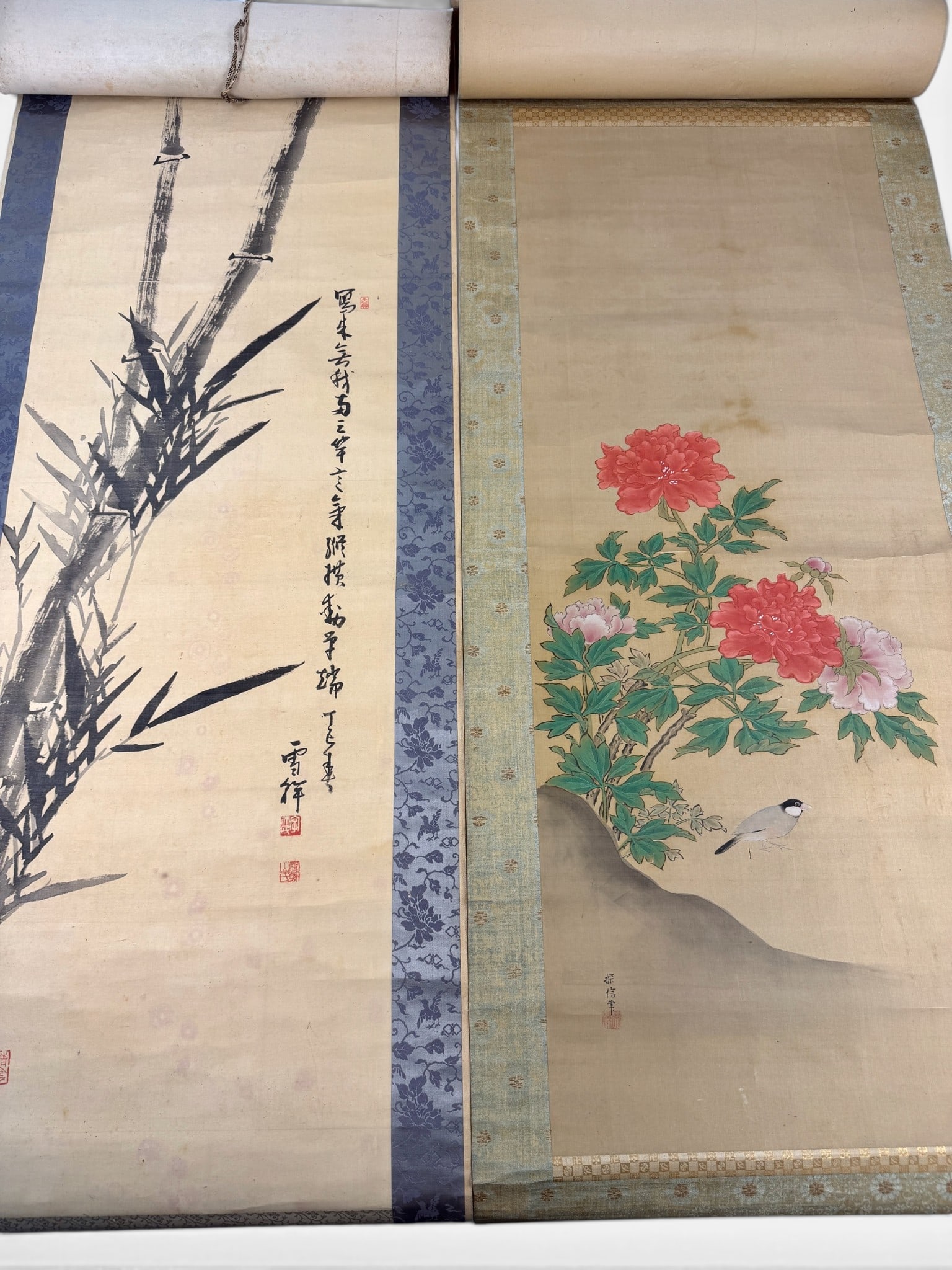 Pair of Japanese Scrolls: Each Edo Period, one with inscri[tion to exterior scroll, each with ink/watercolor