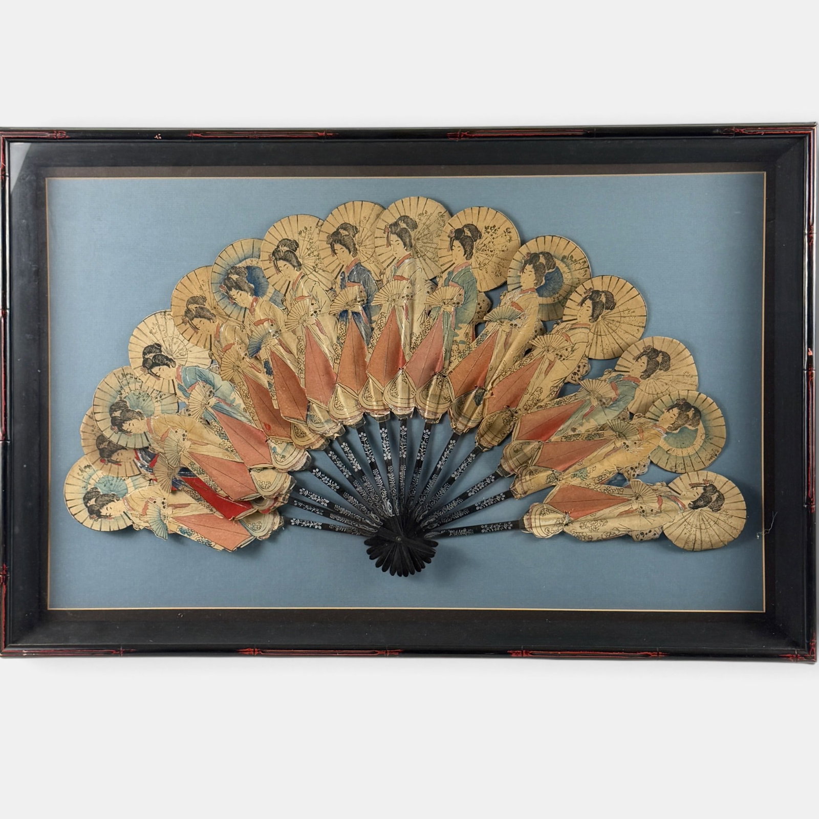 Early 20th Century Japanese Figural Fan: Housed in a nice frame and 15 panels when opened. Depicting a geisha. Framed size: 20" ht. x 30" wd.