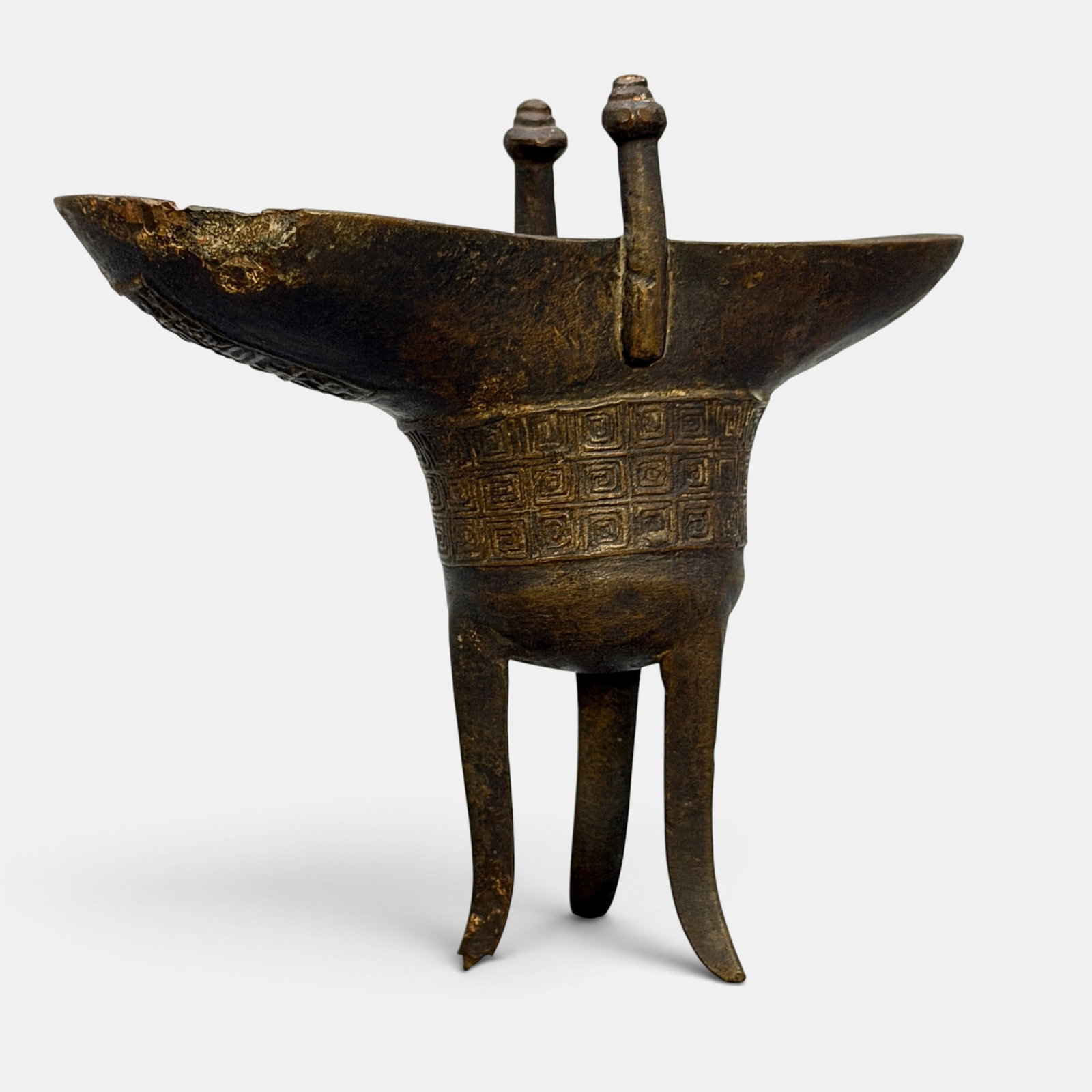 Archaistic Chinese Bronze Vessel: Early 20th century, though in an archaic Shang Dynasty form, with underside bearing 8 character mark. Ht.