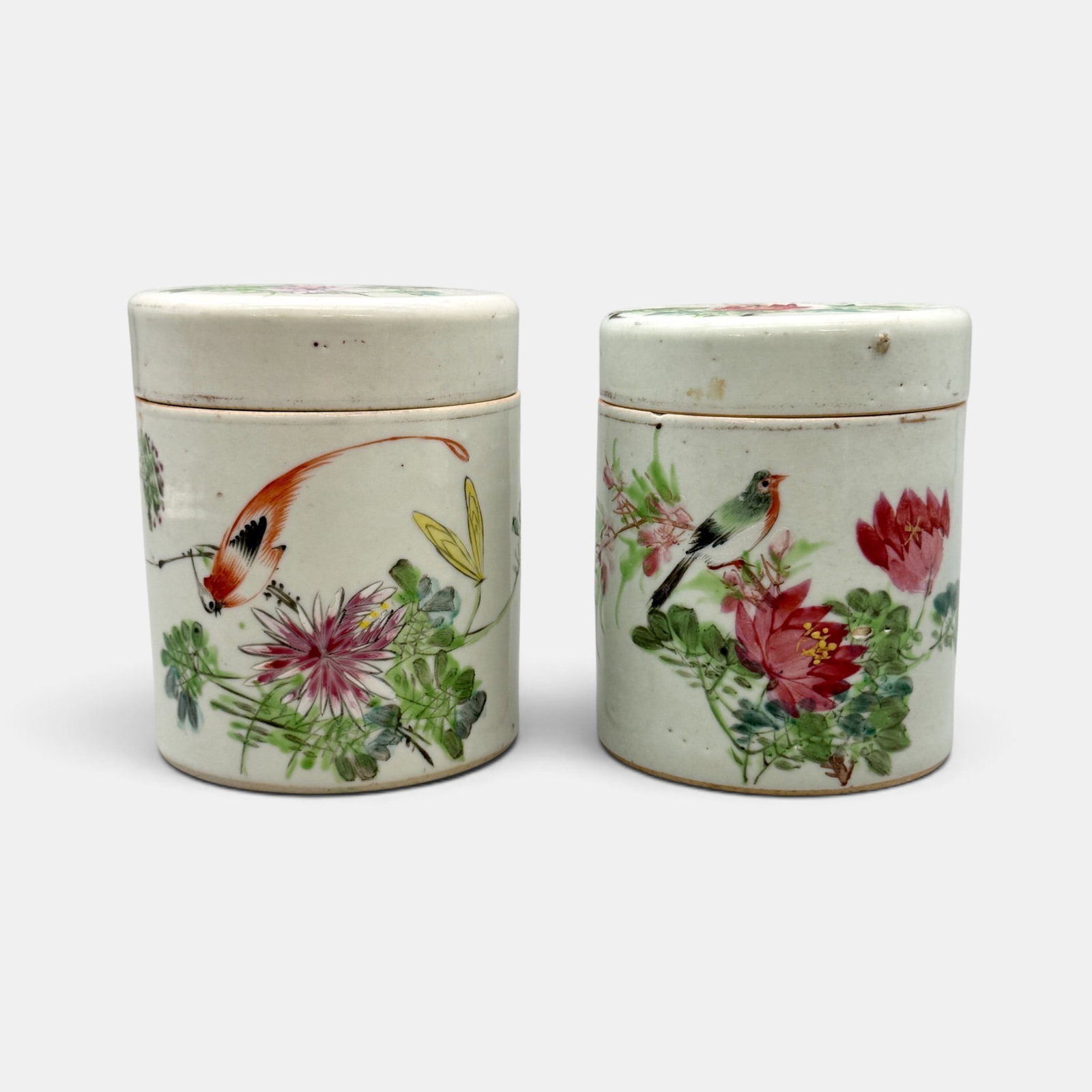 Pair of Chinese Republic Period Jars: Each in famille rose pallette and with inscriptions. Ht. of each 5".