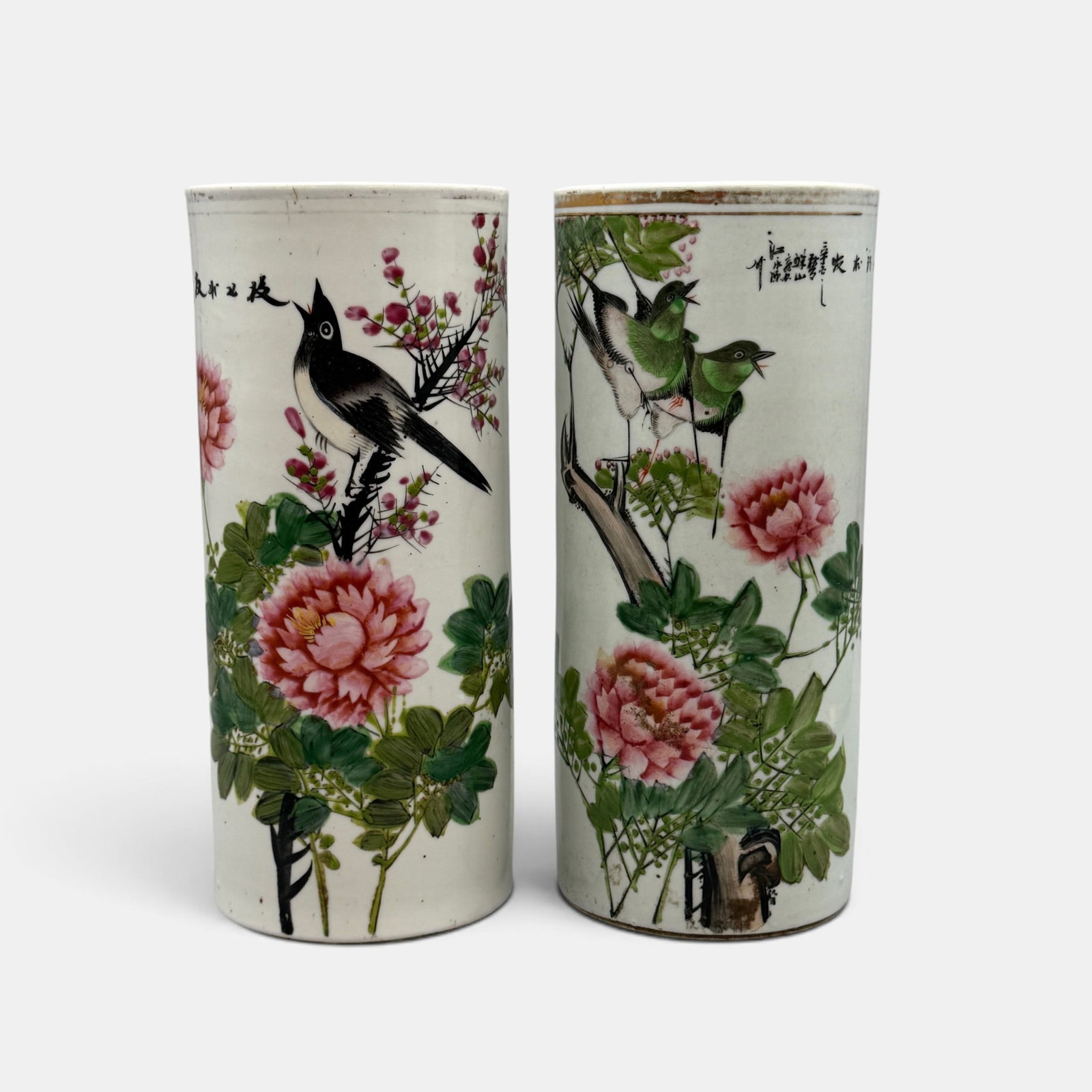 Chinese Porcelain Bird and Floral Decorated Vases: Qing or a later reproduction, painted finely with bird and floral motifs. 11" ht.