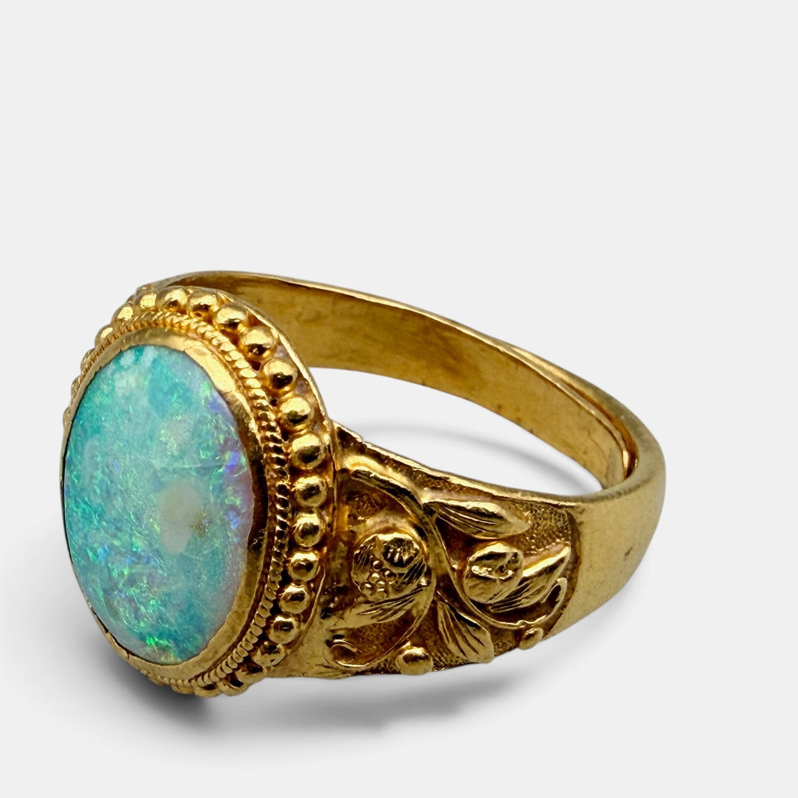 18K Yellow Gold and Opal Chinese Ring: Gold tested for 18k gold. Chinese character mark to interior of ring. Nice inset opal. Total weight: 9 grams