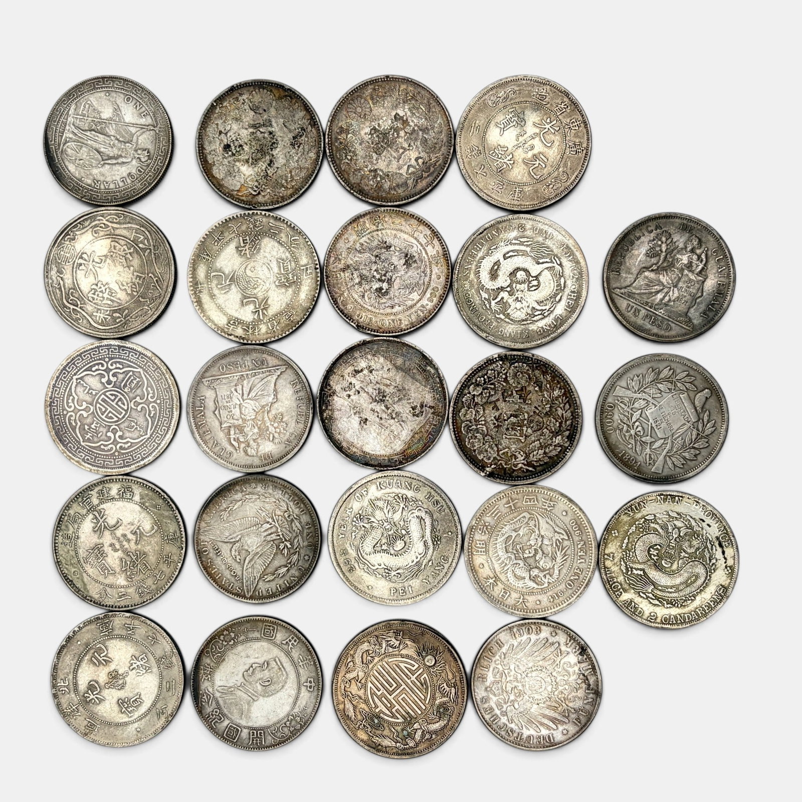 Large Collection of Early Chinese Coins: 26 coins in total, including some dragon dollars. Most early 20th century.