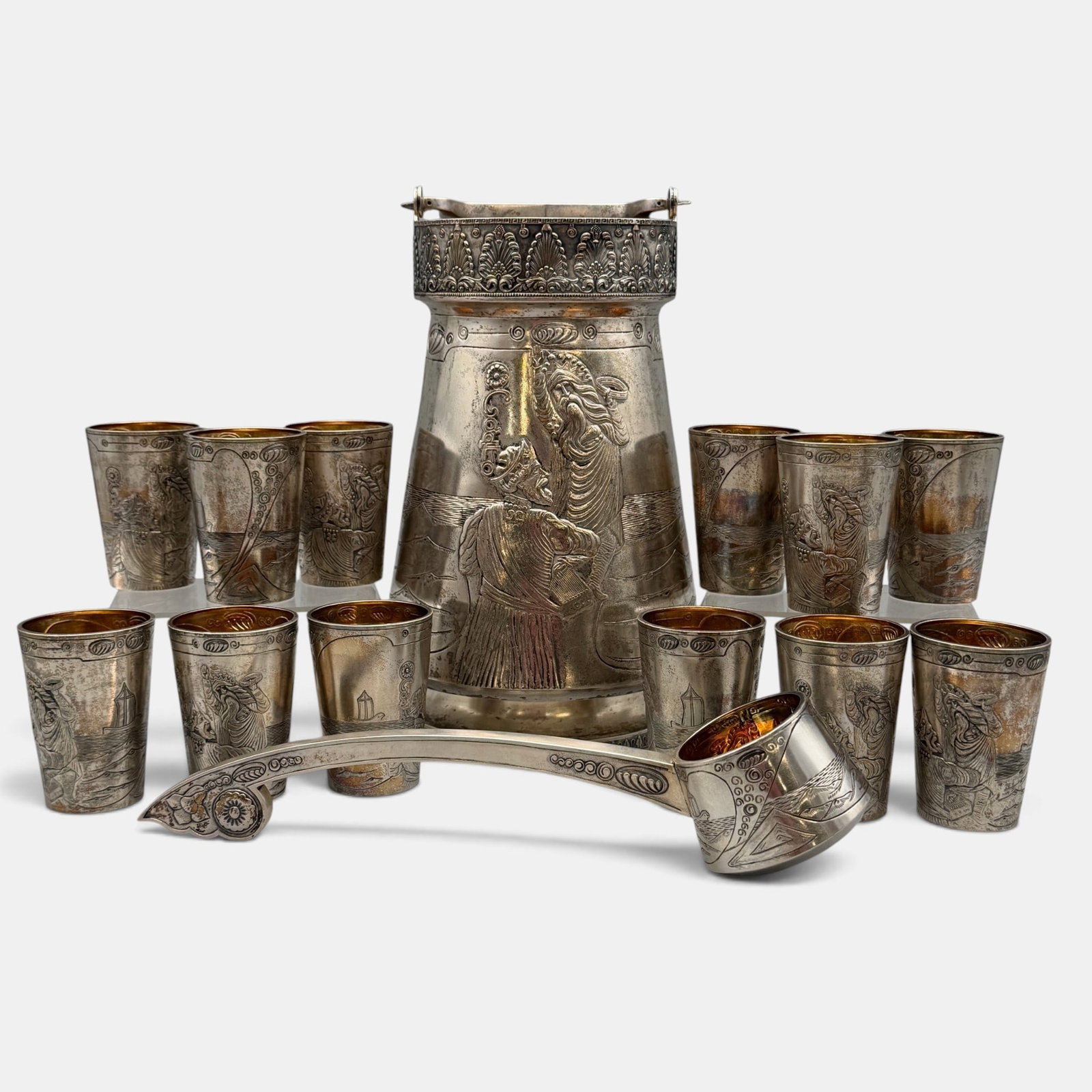 Russian 875 Silver Incised Wine Set with Ladle: With assayer hallmarks, hallmark 84 and "CB" initials, possible Carl Blank. Incised with musicians and other scenery. Height of bucket is 10". Total weight: 68.87 troy ounces