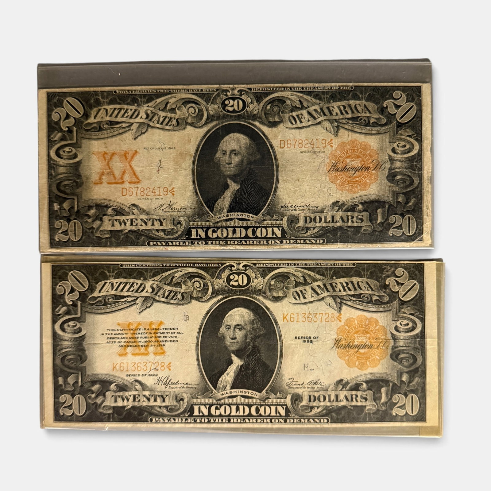 Pair of 20 Dollar Gold Certificates: Pair of Washignton large 20 dollar gold certificates, one 1906, one 1922.