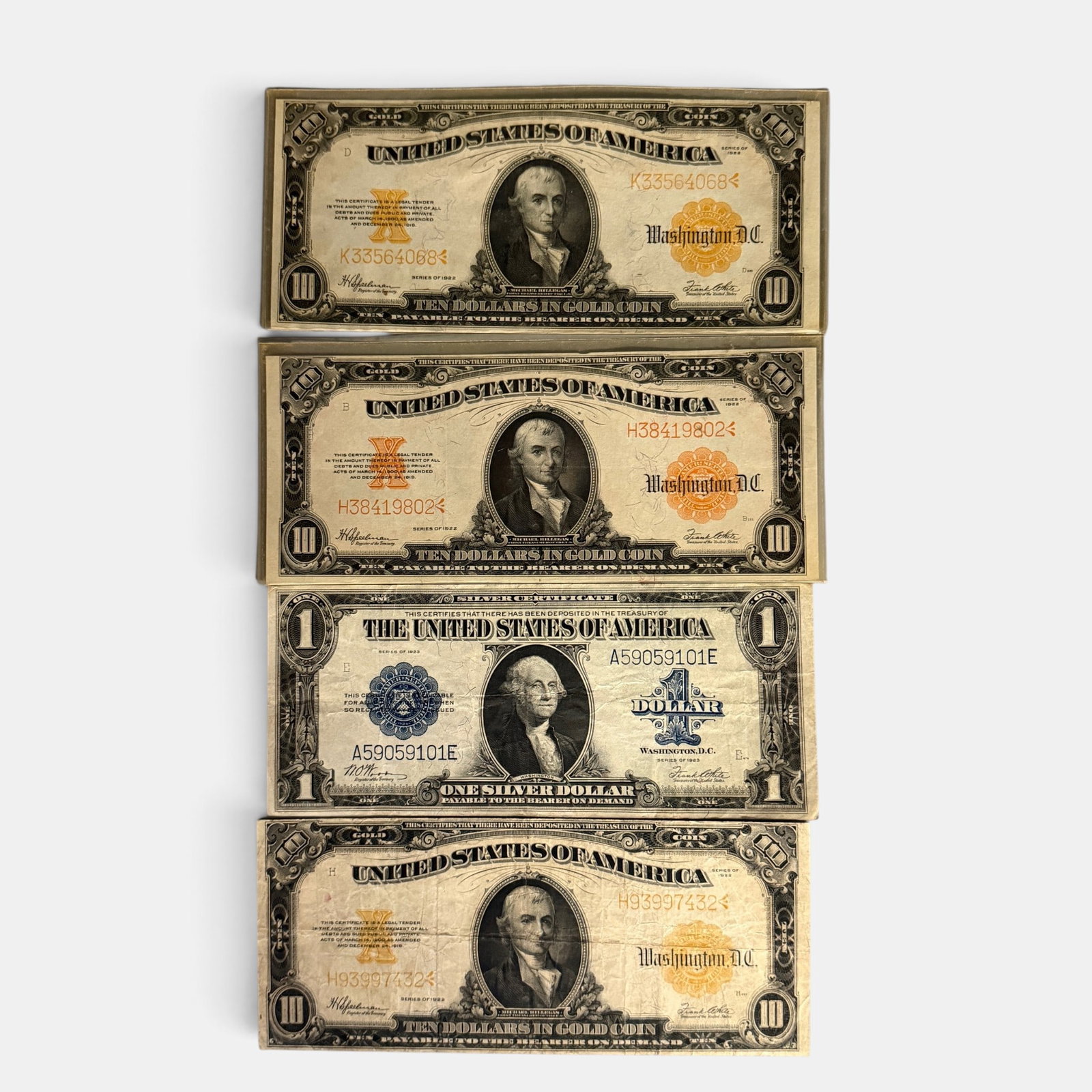 Three 1922 Hillegas 10 Dollar Gold Certificates: Each 1922.